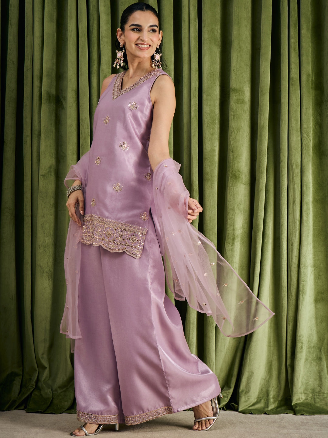 Janasya Women's Lavender Silk Blend Beads Zari Embroidered Straight Kurta with Palazzo And Dupatta Set