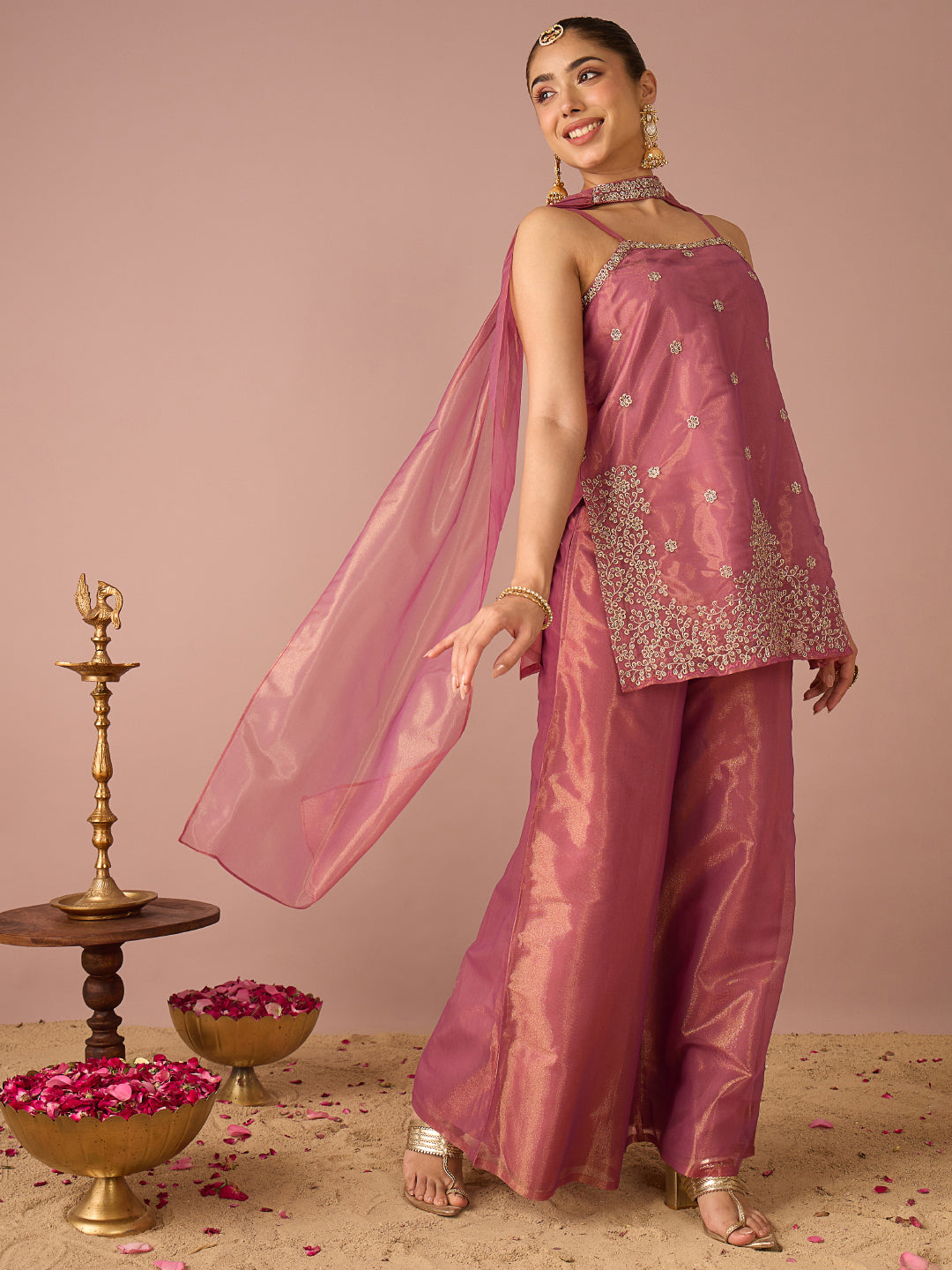 Janasya Women's Metallic Pink Shimmer Net Floral Zari Embroidered Straight Kurta with Palazzo And Choker Dupatta Set