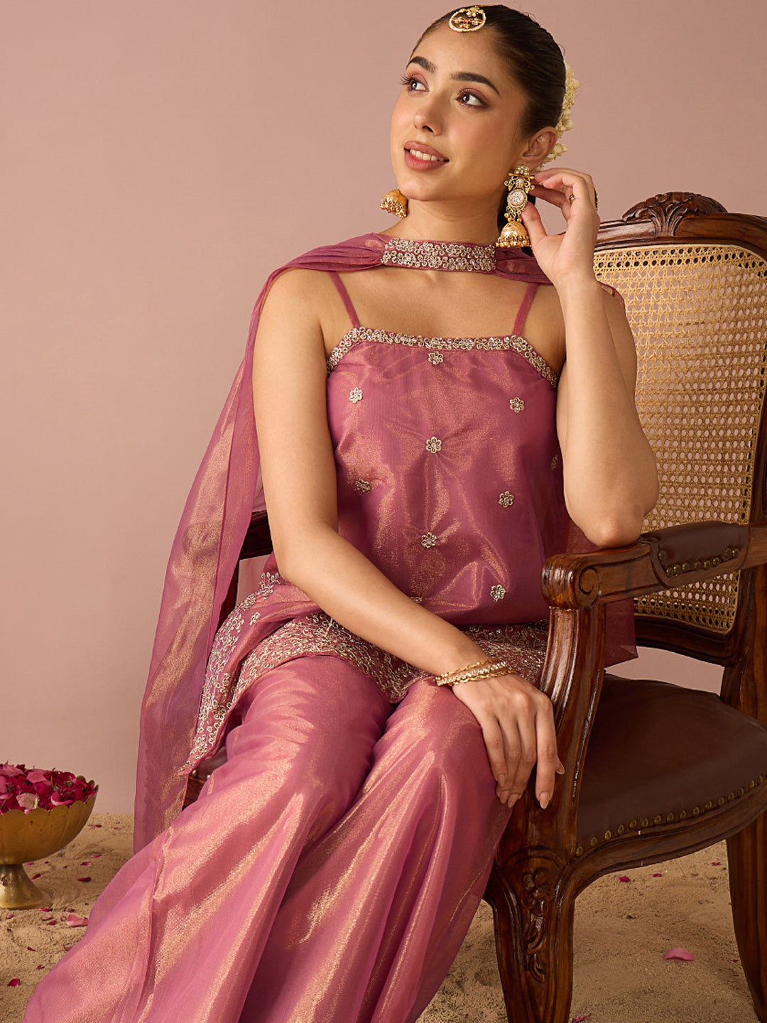 Janasya Women's Metallic Pink Shimmer Net Floral Zari Embroidered Straight Kurta with Palazzo And Choker Dupatta Set