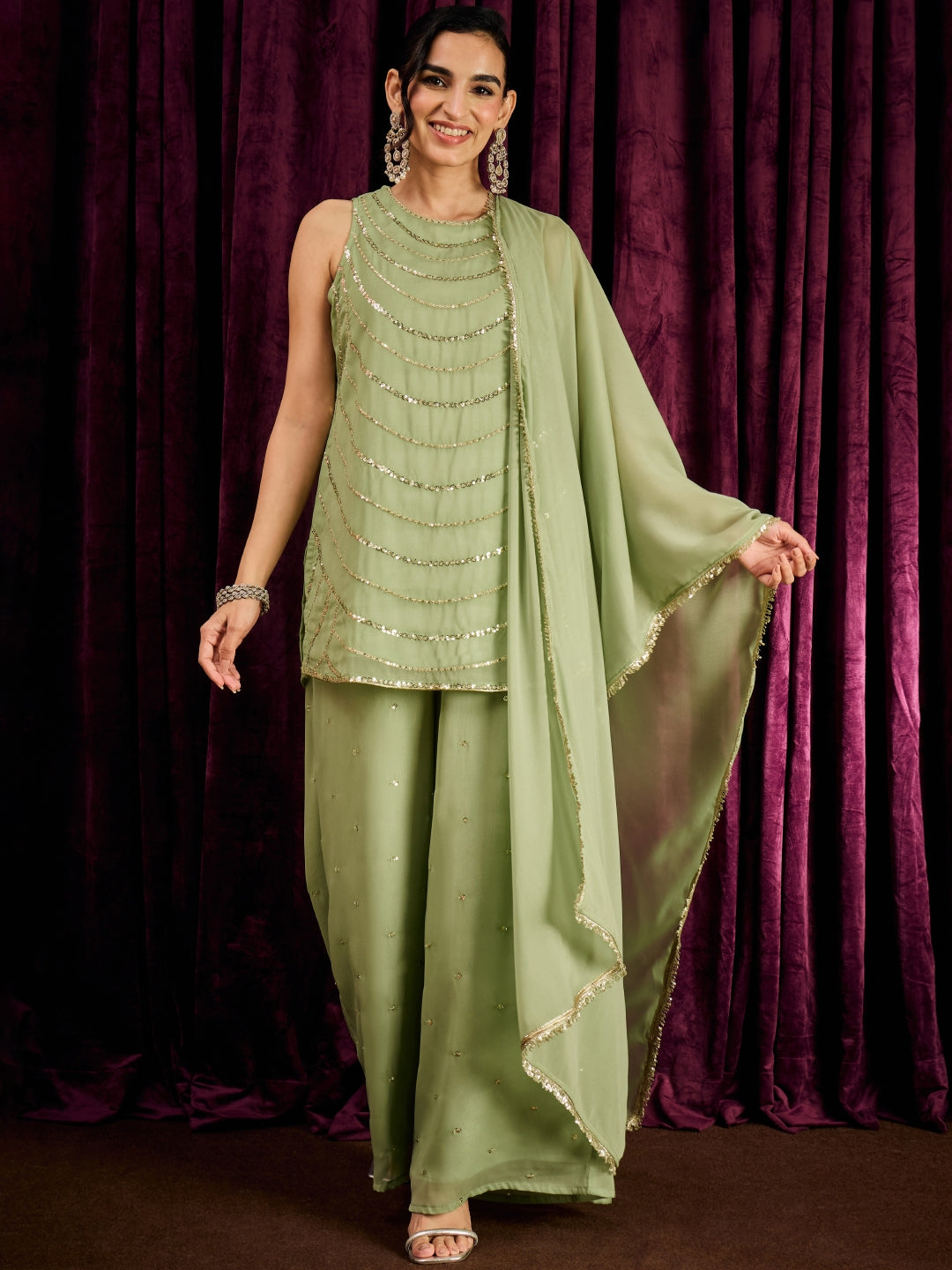 Janasya Women's Mint Green Georgette Sequins Zari Embroidered Straight Kurta with Palazzo And Dupatta Set