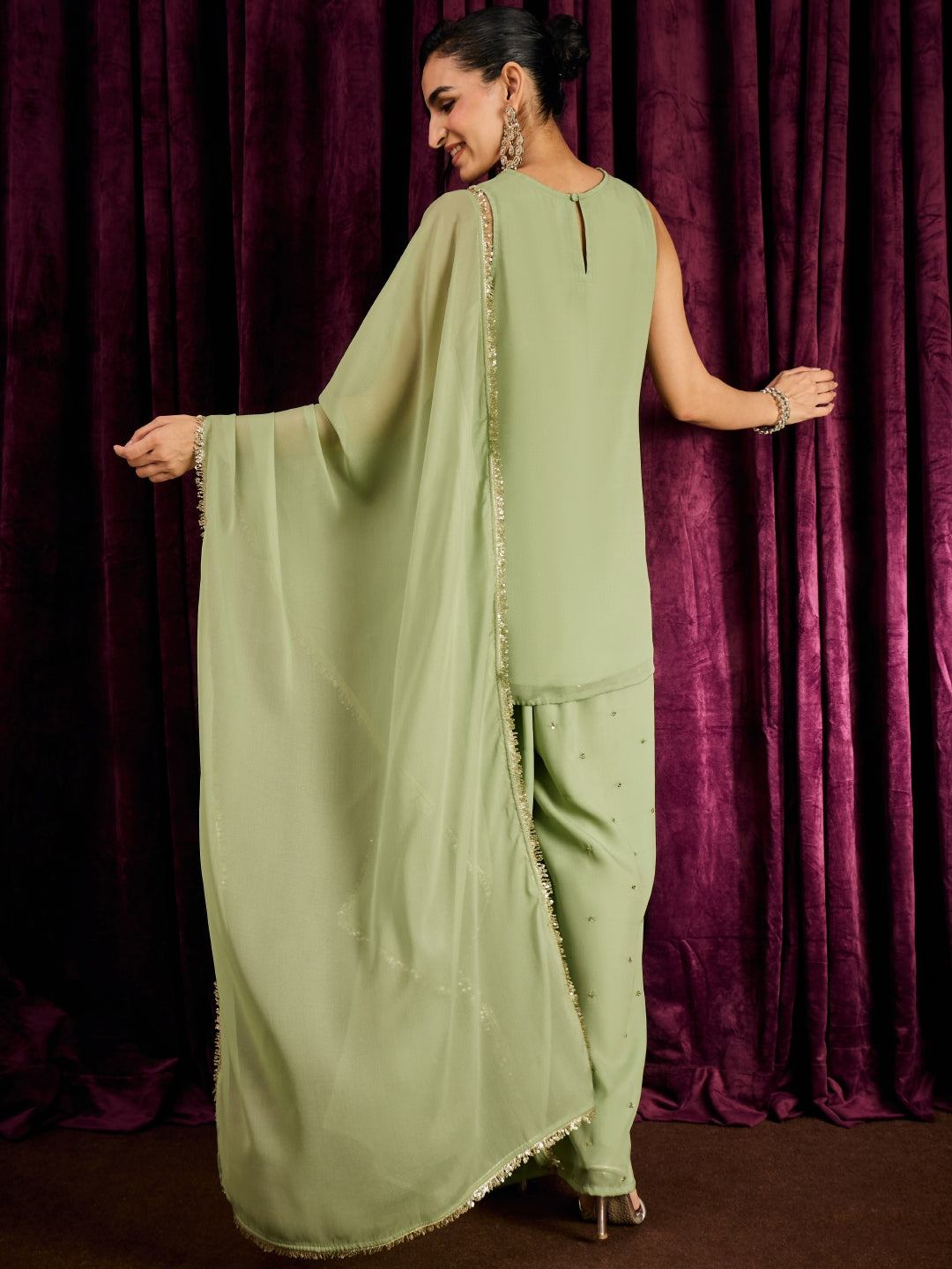 Janasya Women's Mint Green Georgette Sequins Zari Embroidered Straight Kurta with Palazzo And Dupatta Set