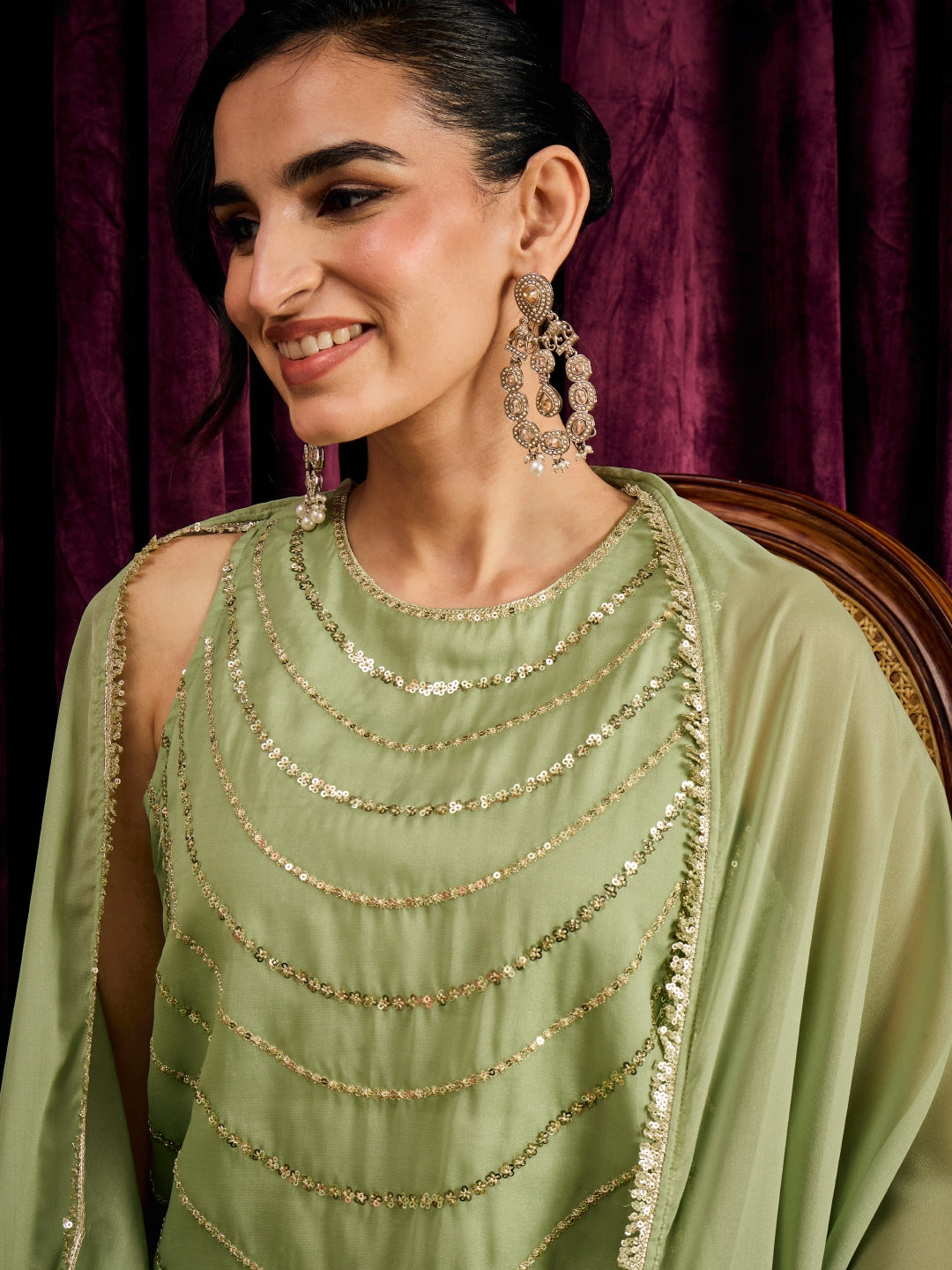 Janasya Women's Mint Green Georgette Sequins Zari Embroidered Straight Kurta with Palazzo And Dupatta Set