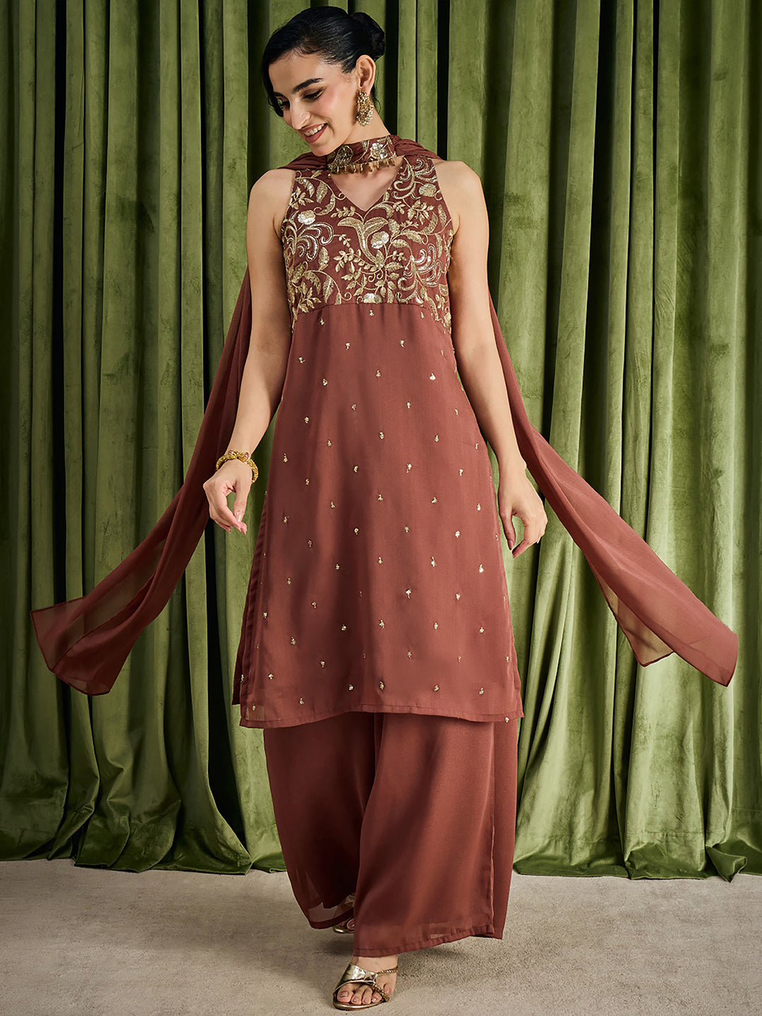 Janasya Women's Brown Georgette Sequins Zari Embroidered Straight Kurta with Palazzo And Choker Dupatta Set