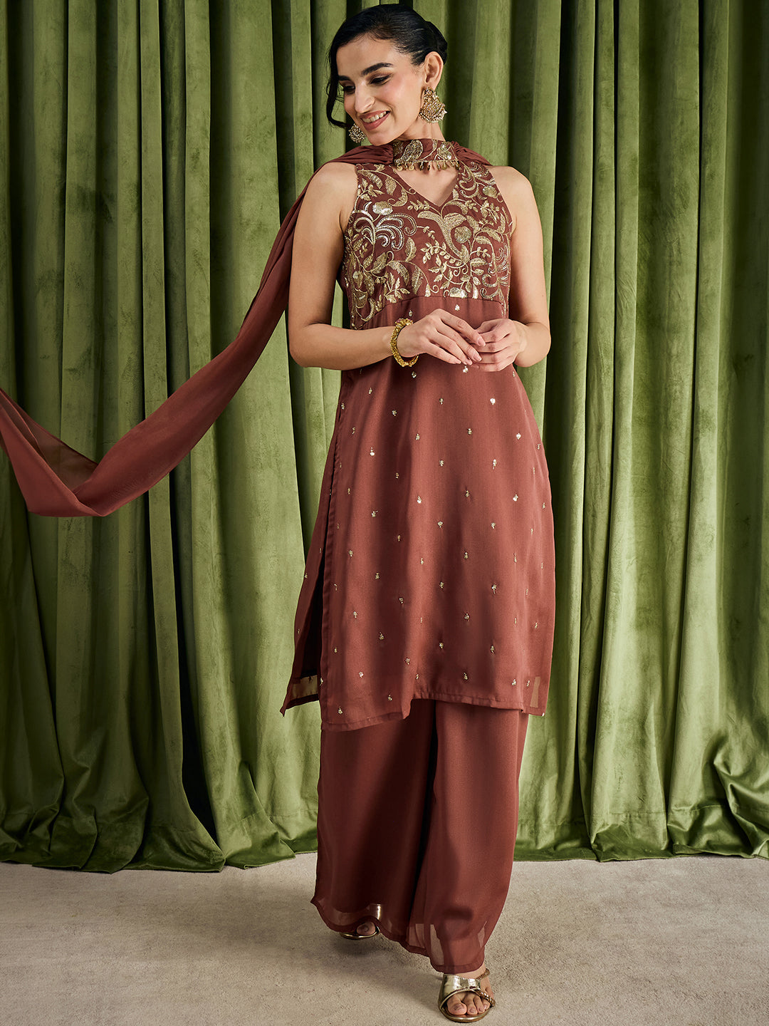 Janasya Women's Brown Georgette Sequins Zari Embroidered Straight Kurta with Palazzo And Choker Dupatta Set