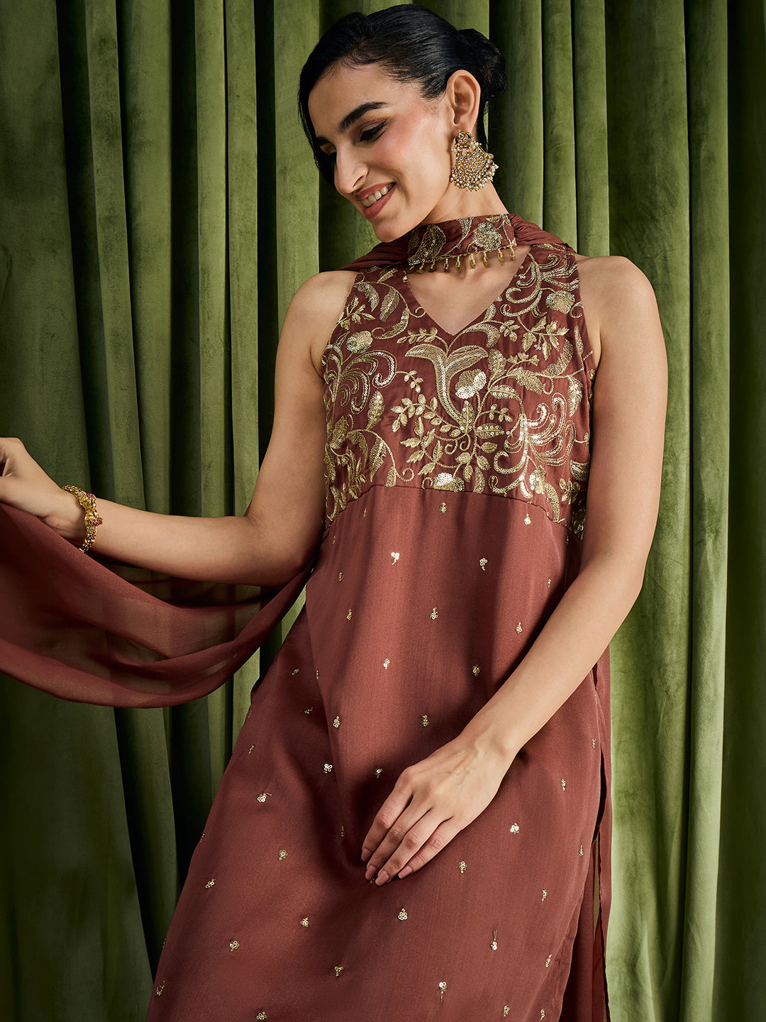 Janasya Women's Brown Georgette Sequins Zari Embroidered Straight Kurta with Palazzo And Choker Dupatta Set