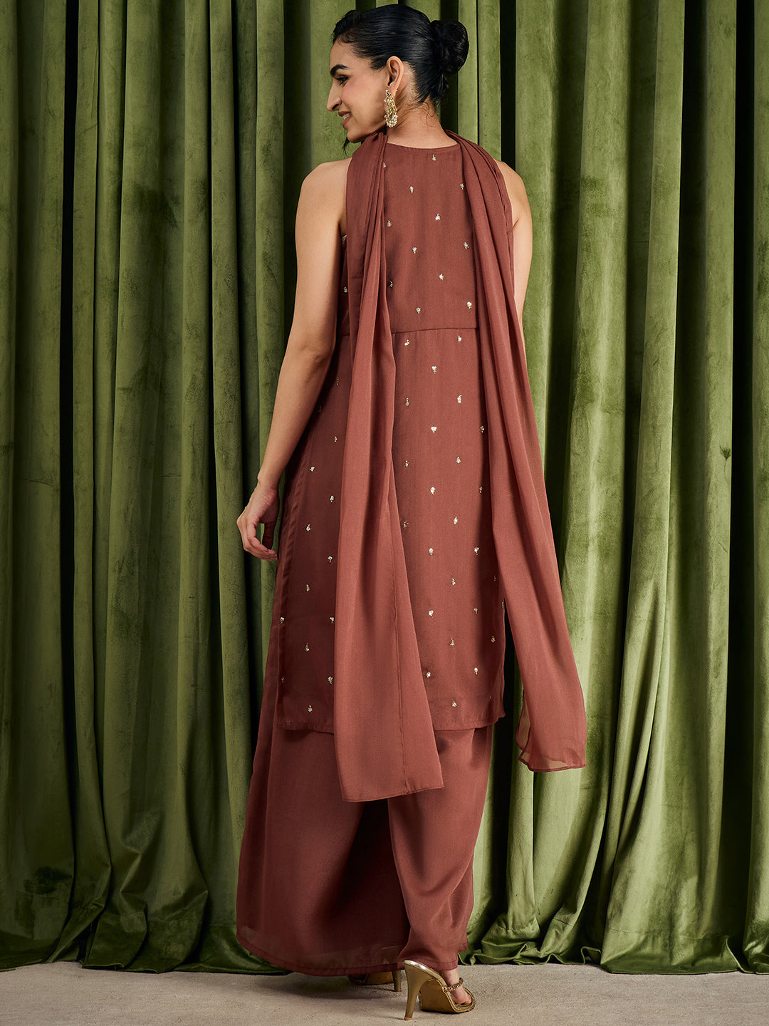 Janasya Women's Brown Georgette Sequins Zari Embroidered Straight Kurta with Palazzo And Choker Dupatta Set