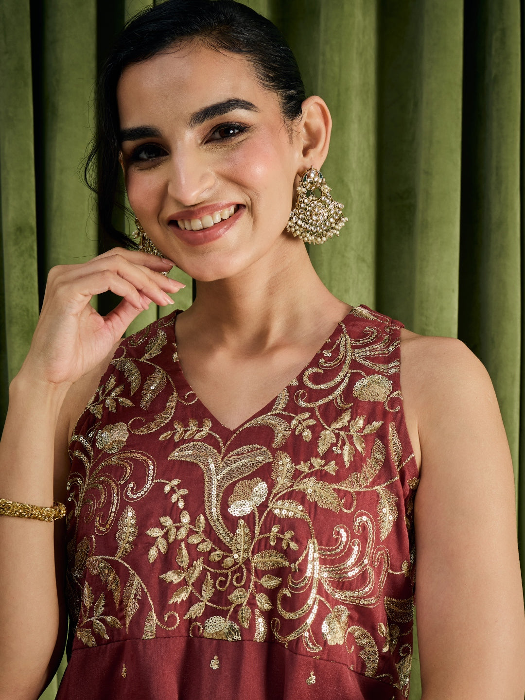 Janasya Women's Brown Georgette Sequins Zari Embroidered Straight Kurta with Palazzo And Choker Dupatta Set