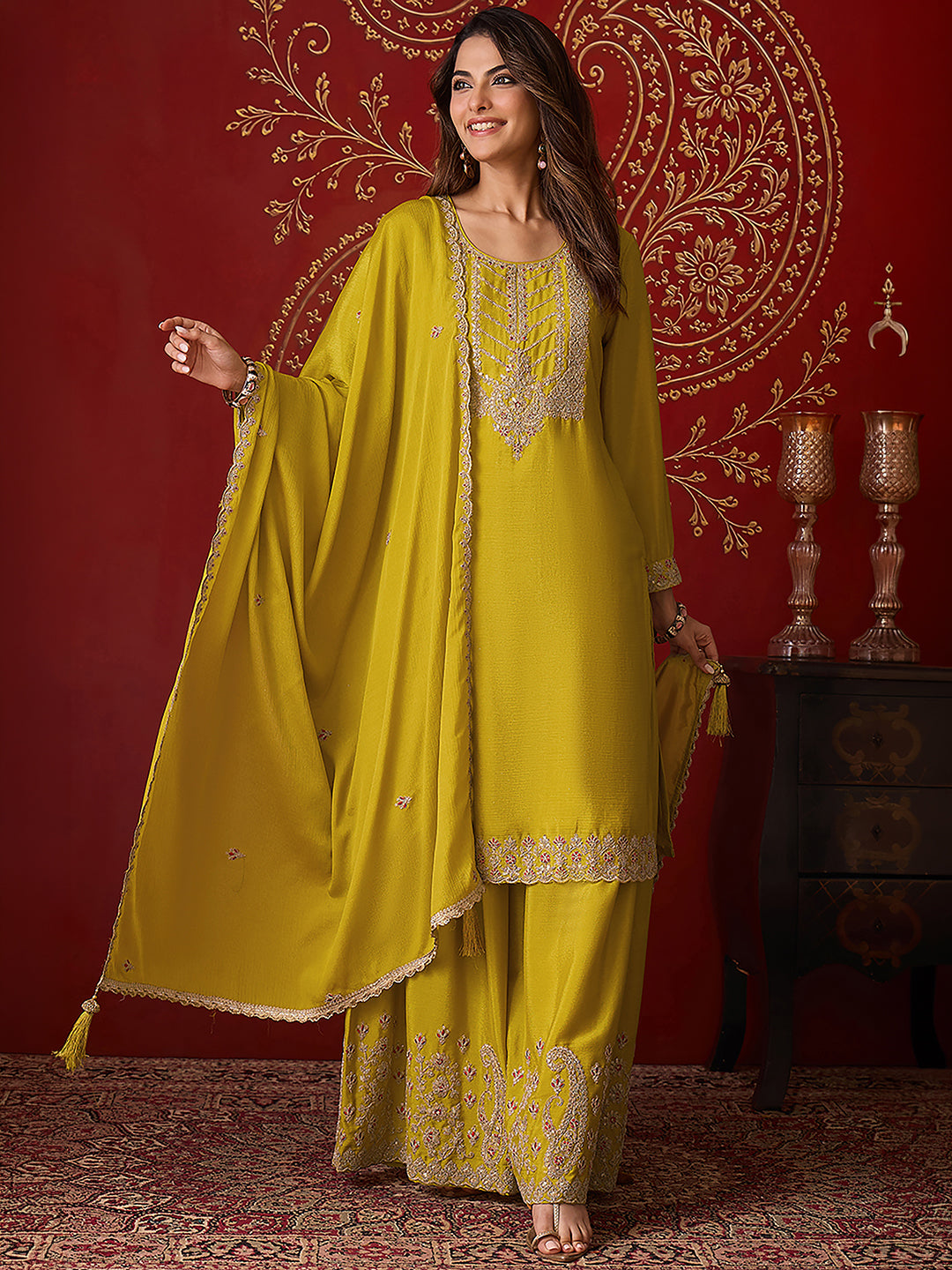Janasya Women's Lime Yellow Silk Blend Floral Zari Embroidered Straight Kurta with Sharara & Dupatta Set