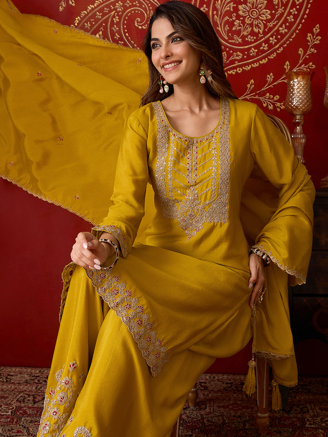 Janasya Women's Lime Yellow Silk Blend Floral Zari Embroidered Straight Kurta with Sharara & Dupatta Set