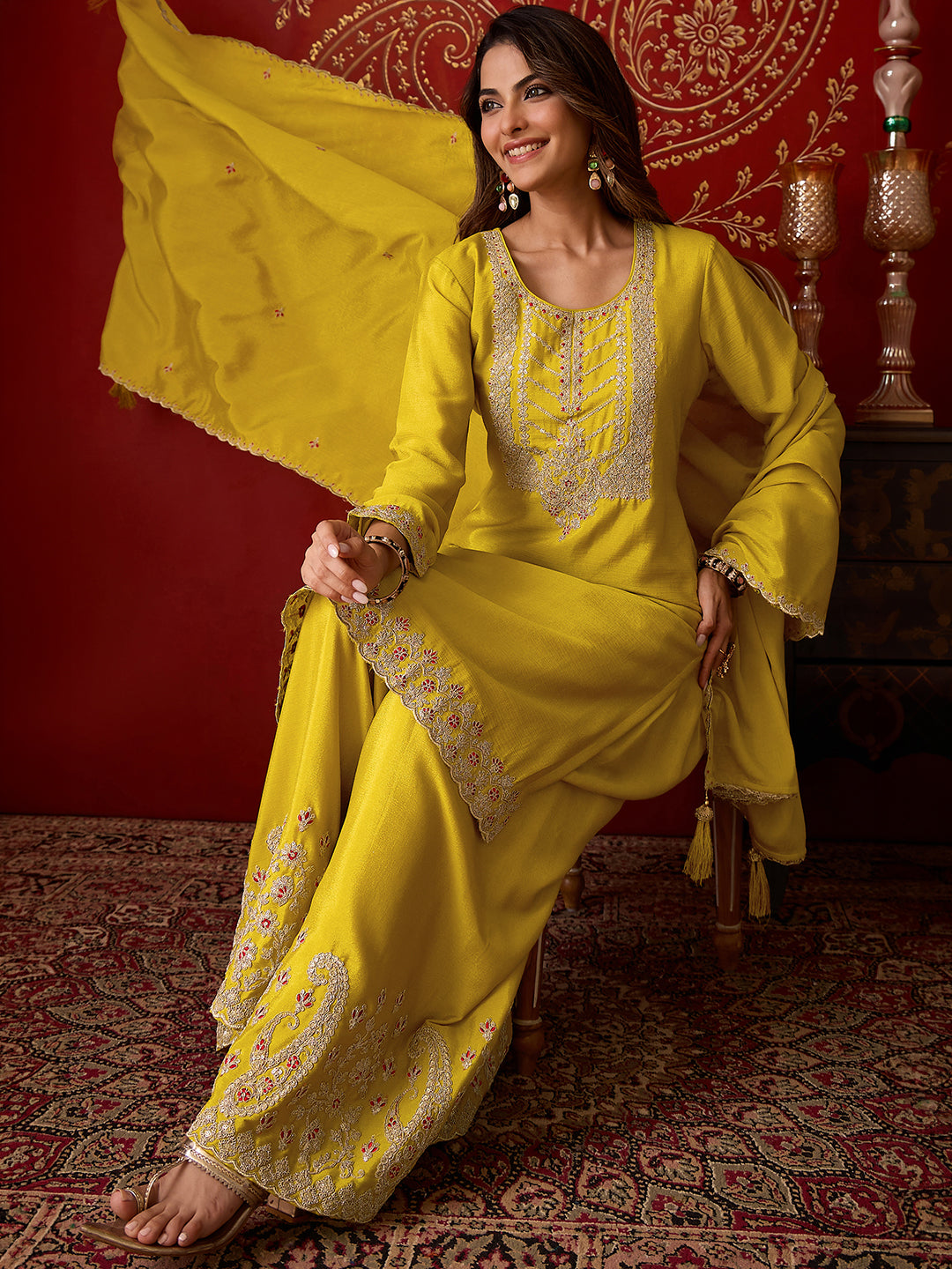 Janasya Women's Lime Yellow Silk Blend Floral Zari Embroidered Straight Kurta with Sharara & Dupatta Set