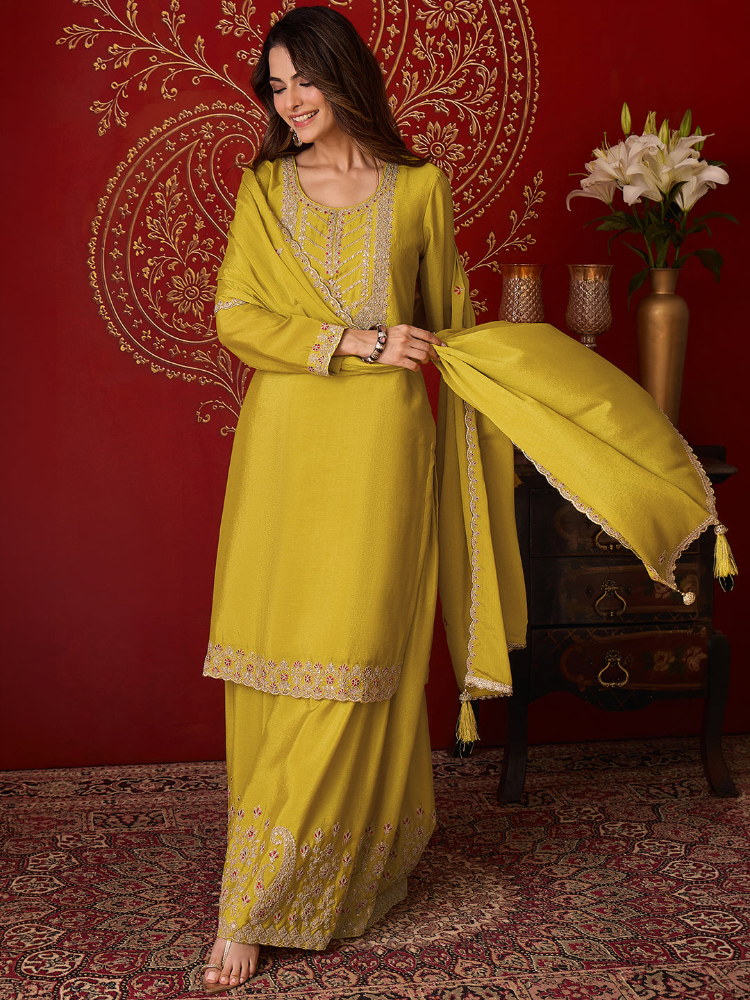 Janasya Women's Lime Yellow Silk Blend Floral Zari Embroidered Straight Kurta with Sharara & Dupatta Set