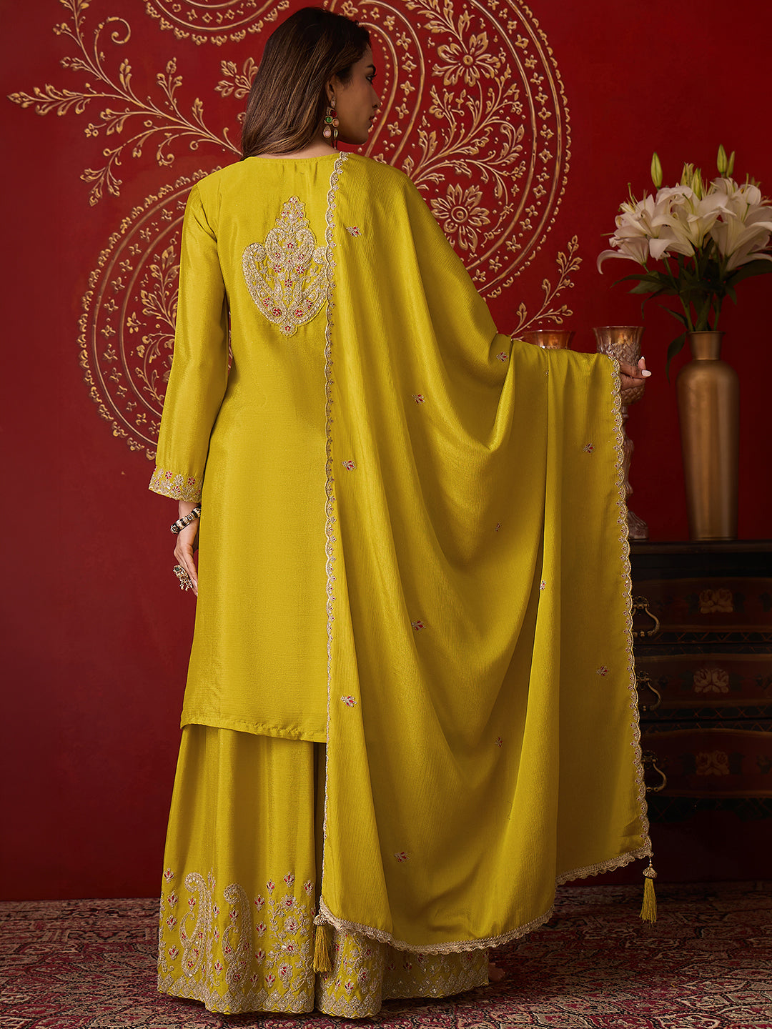 Janasya Women's Lime Yellow Silk Blend Floral Zari Embroidered Straight Kurta with Sharara & Dupatta Set