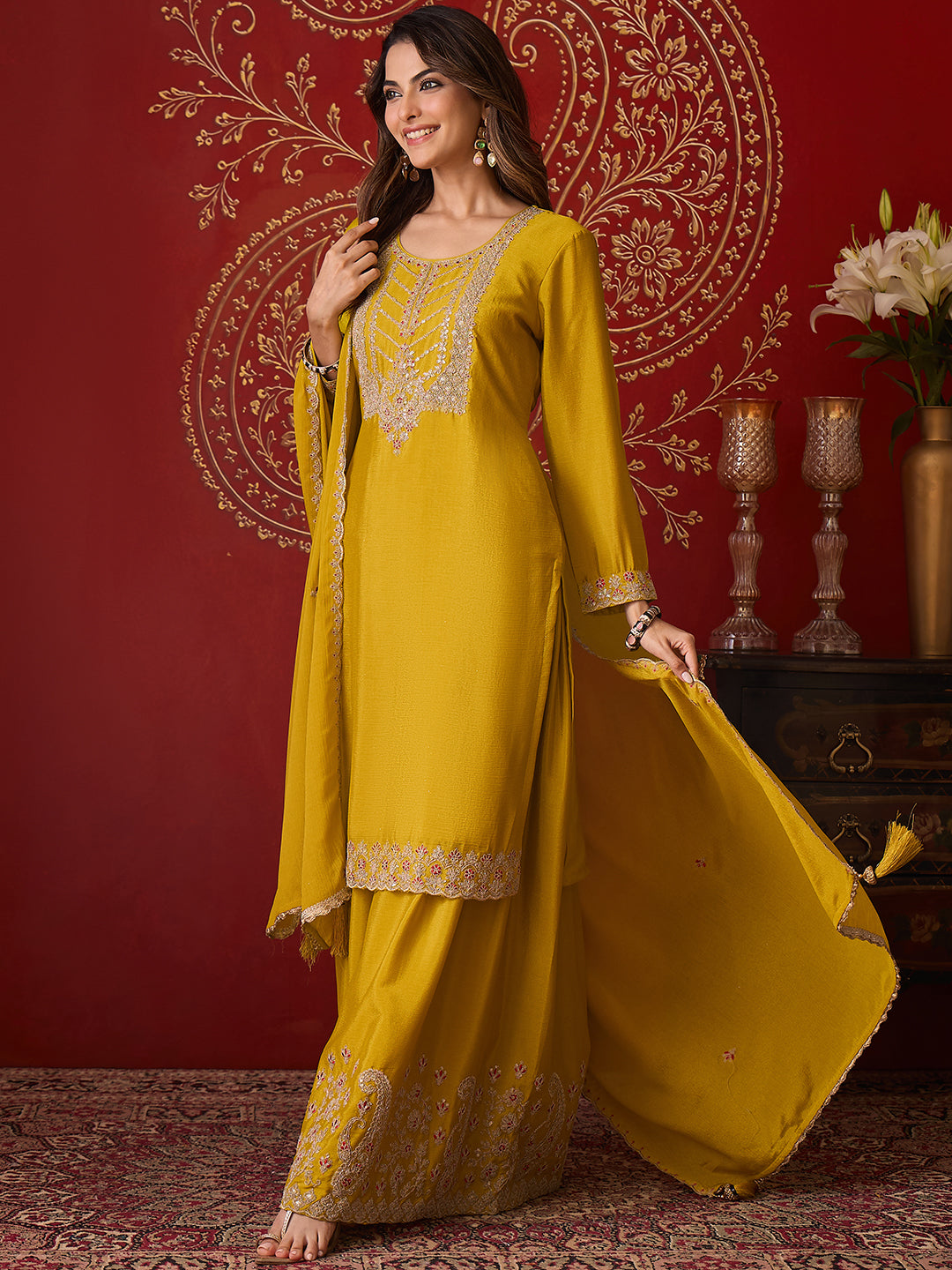 Janasya Women's Lime Yellow Silk Blend Floral Zari Embroidered Straight Kurta with Sharara & Dupatta Set