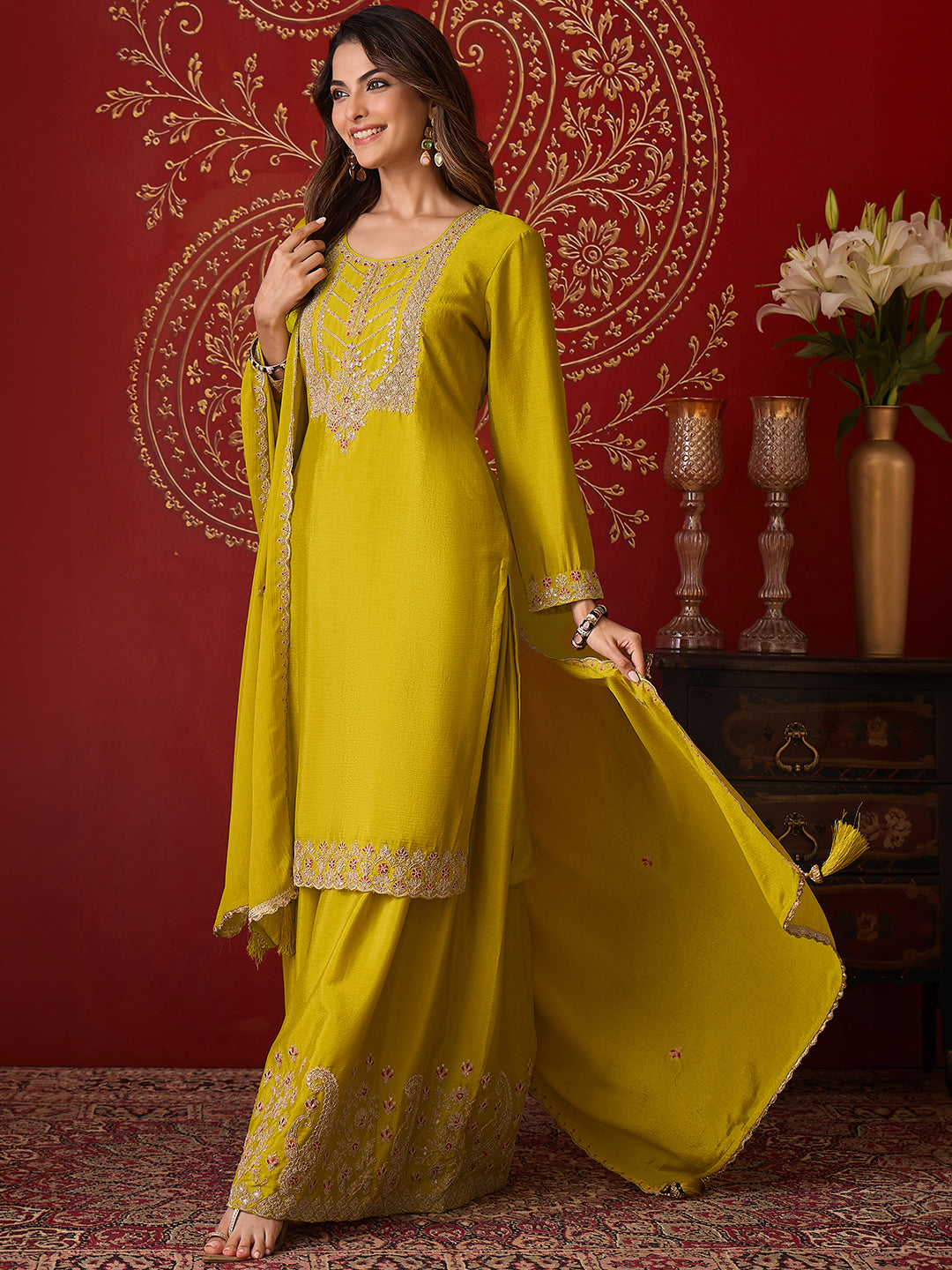 Janasya Women's Lime Yellow Silk Blend Floral Zari Embroidered Straight Kurta with Sharara & Dupatta Set