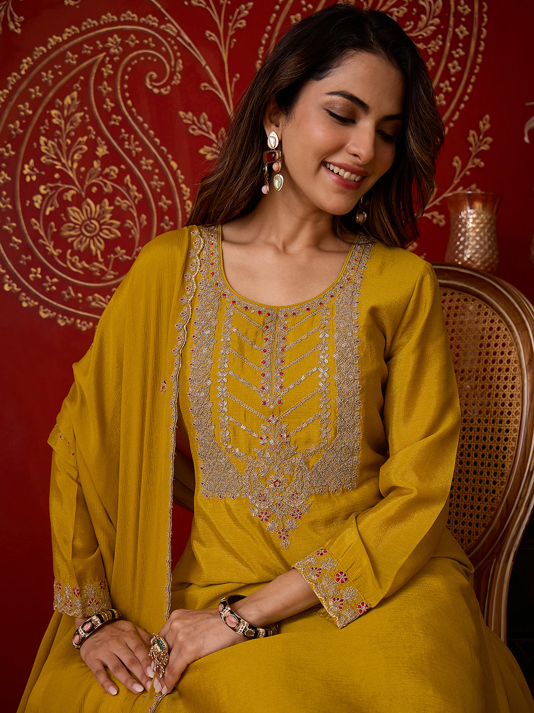 Janasya Women's Lime Yellow Silk Blend Floral Zari Embroidered Straight Kurta with Sharara & Dupatta Set