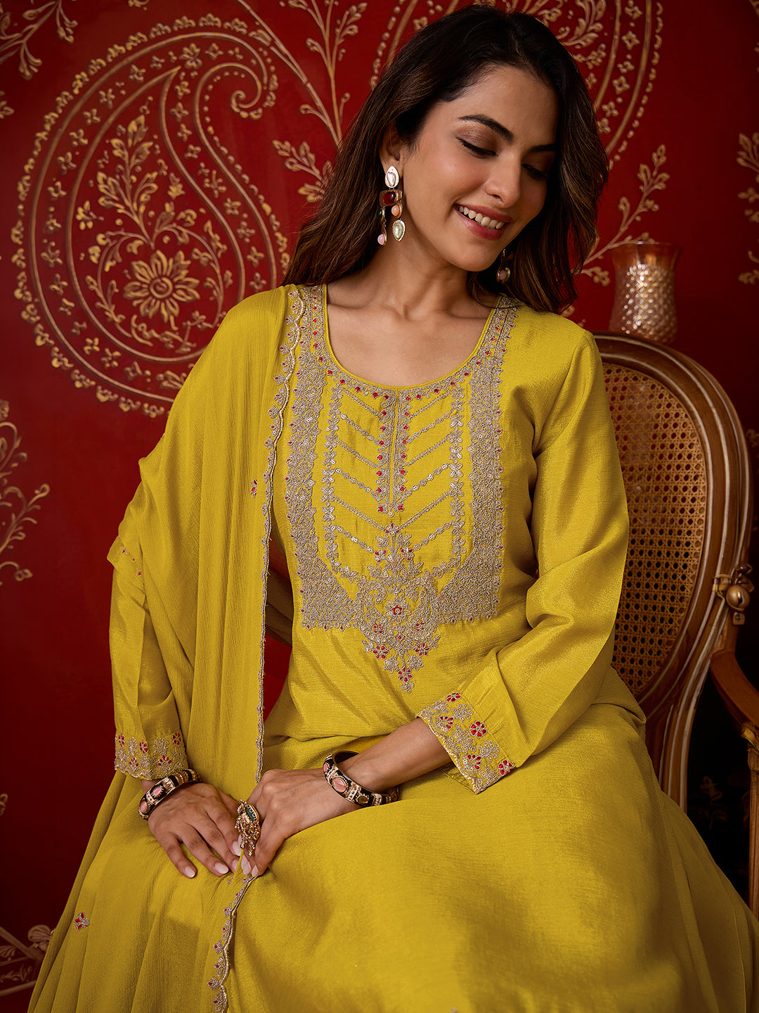 Janasya Women's Lime Yellow Silk Blend Floral Zari Embroidered Straight Kurta with Sharara & Dupatta Set