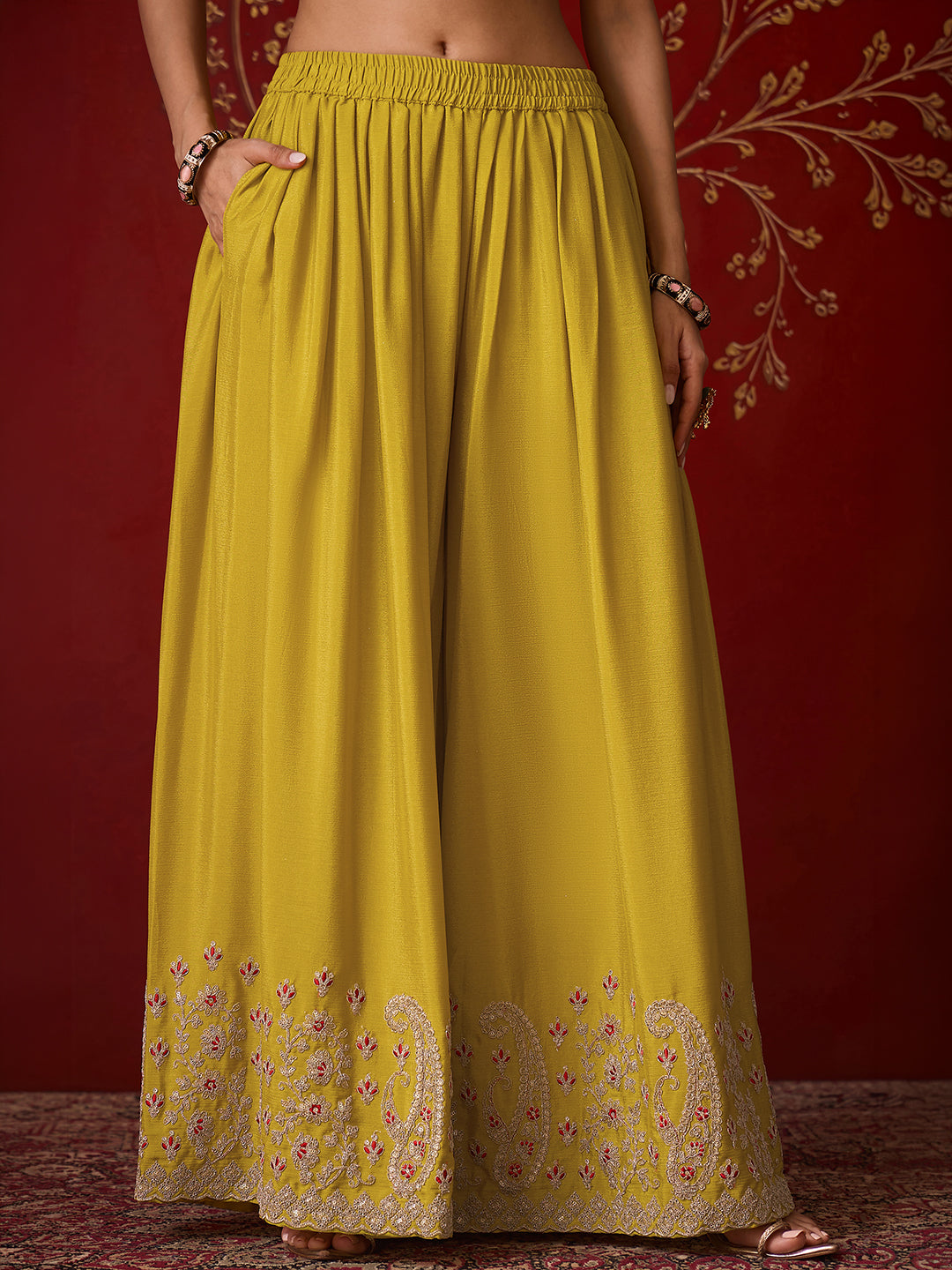 Janasya Women's Lime Yellow Silk Blend Floral Zari Embroidered Straight Kurta with Sharara & Dupatta Set