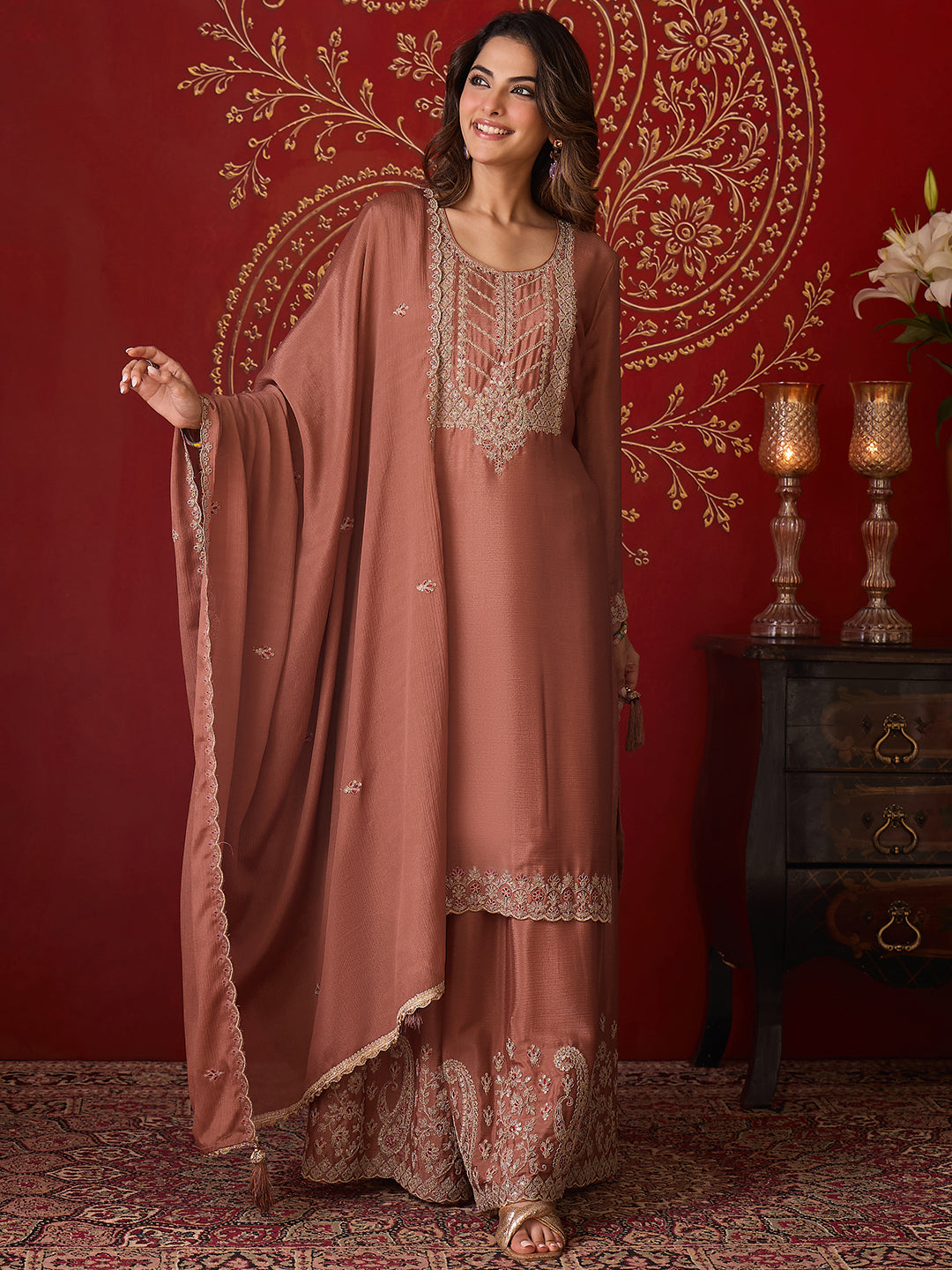 Janasya Women's Brown Silk Blend Floral Zari Embroidered Straight Kurta and Sharara Set with Dupatta