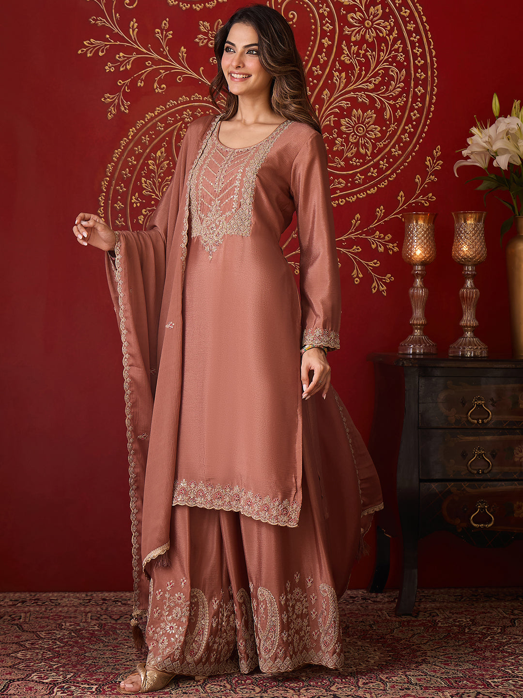 Janasya Women's Brown Silk Blend Floral Zari Embroidered Straight Kurta and Sharara Set with Dupatta