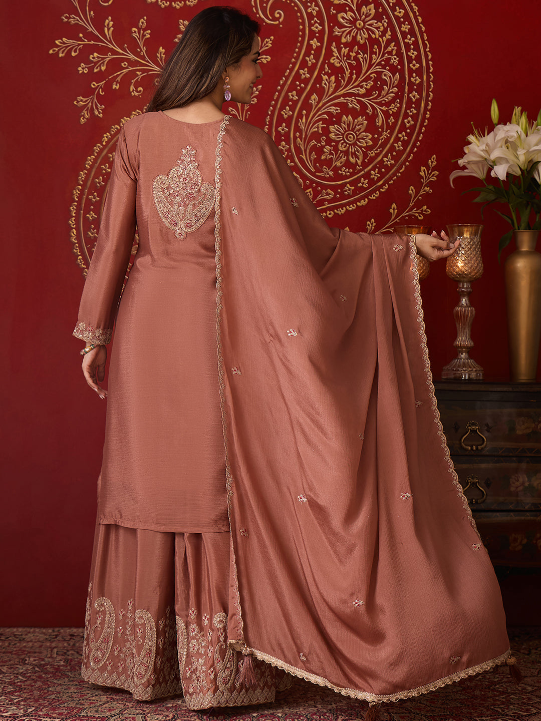 Janasya Women's Brown Silk Blend Floral Zari Embroidered Straight Kurta and Sharara Set with Dupatta
