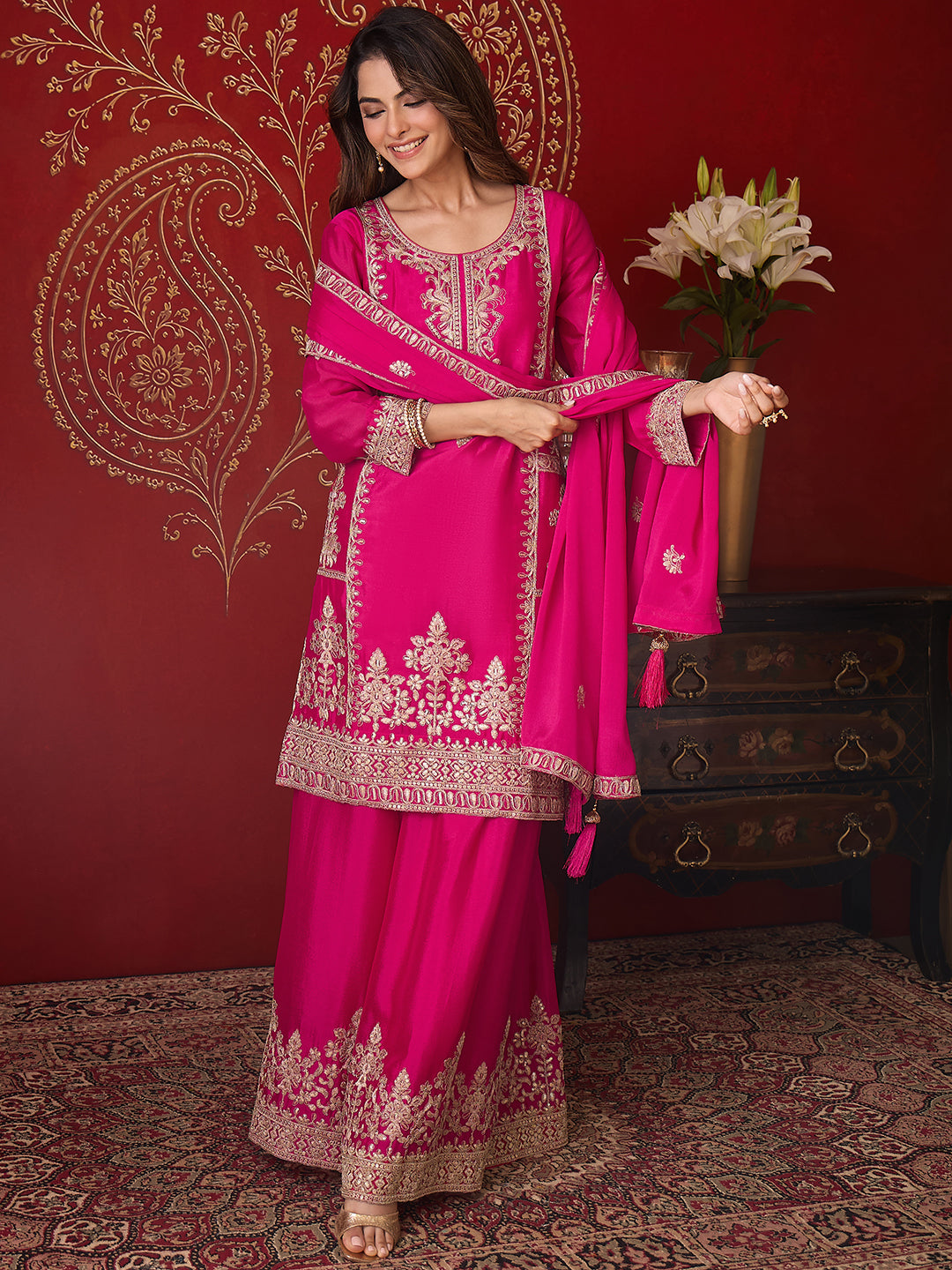 Janasya Women's Pink Silk Blend Floral Zari Embroidered Straight Kurta with Sharara & Dupatta Set