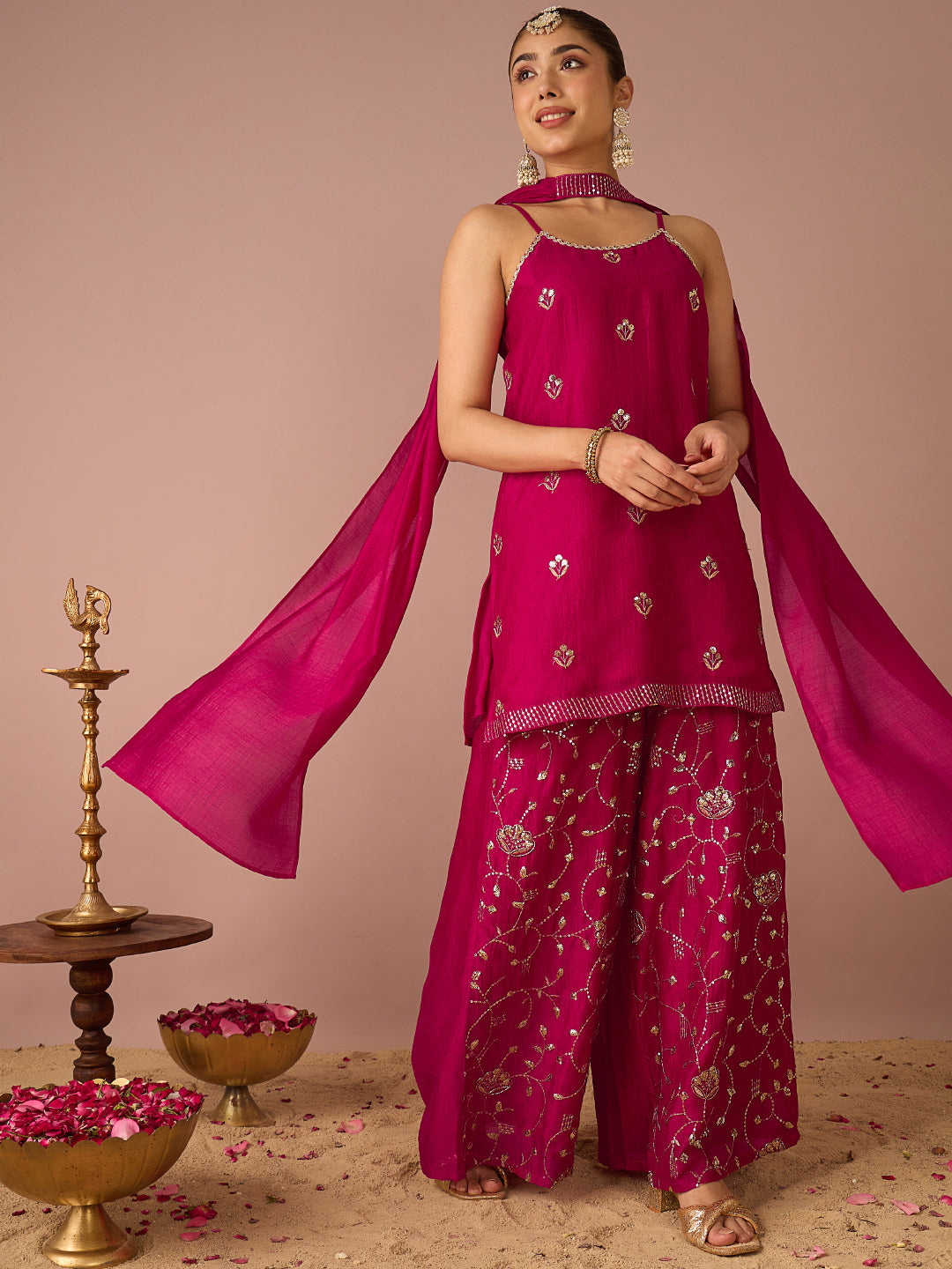Janasya Women's Pink Silk Blend Floral Sequins and Zari Embroidered Straight Kurta with Palazzo and Choker Dupatta Set