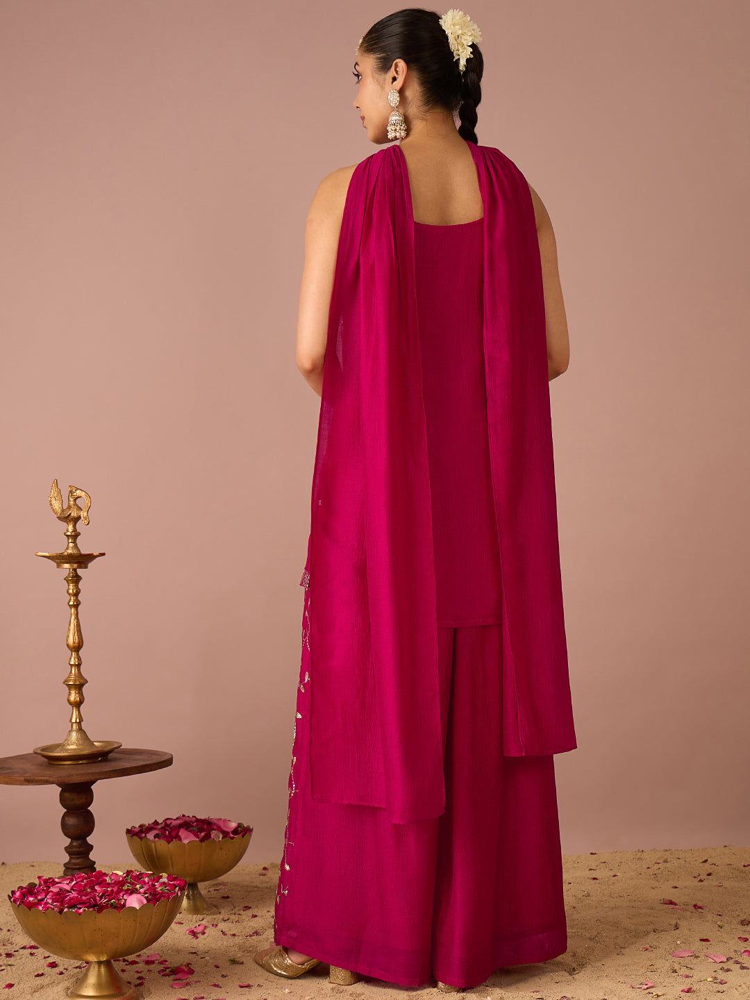 Janasya Women's Pink Silk Blend Floral Sequins and Zari Embroidered Straight Kurta with Palazzo and Choker Dupatta Set