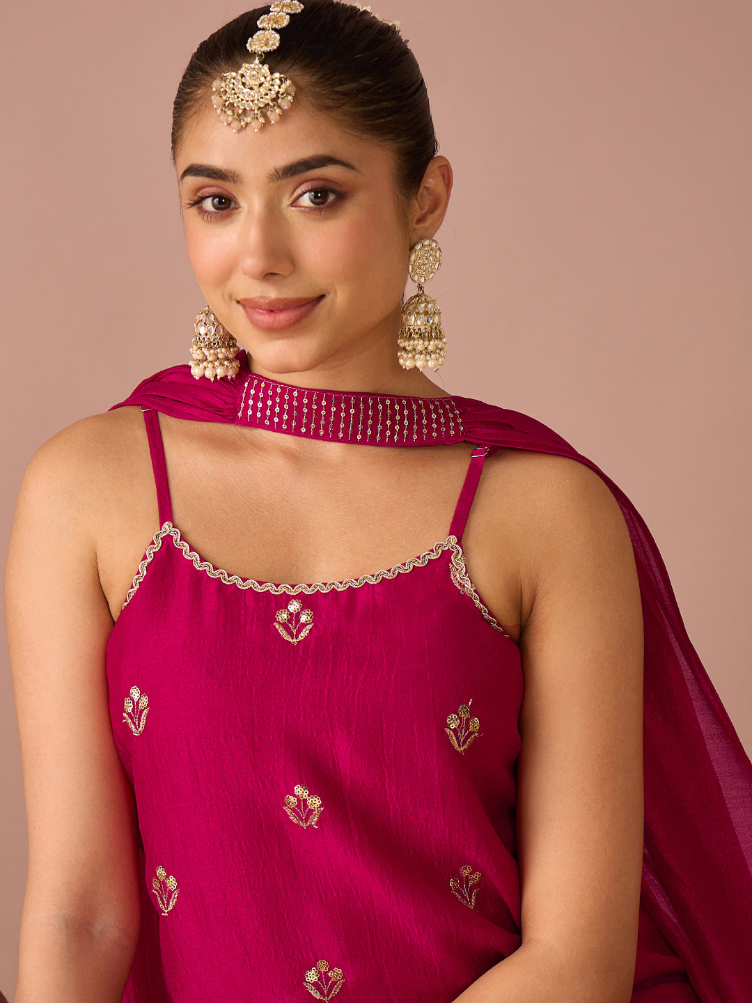 Janasya Women's Pink Silk Blend Floral Sequins and Zari Embroidered Straight Kurta with Palazzo and Choker Dupatta Set