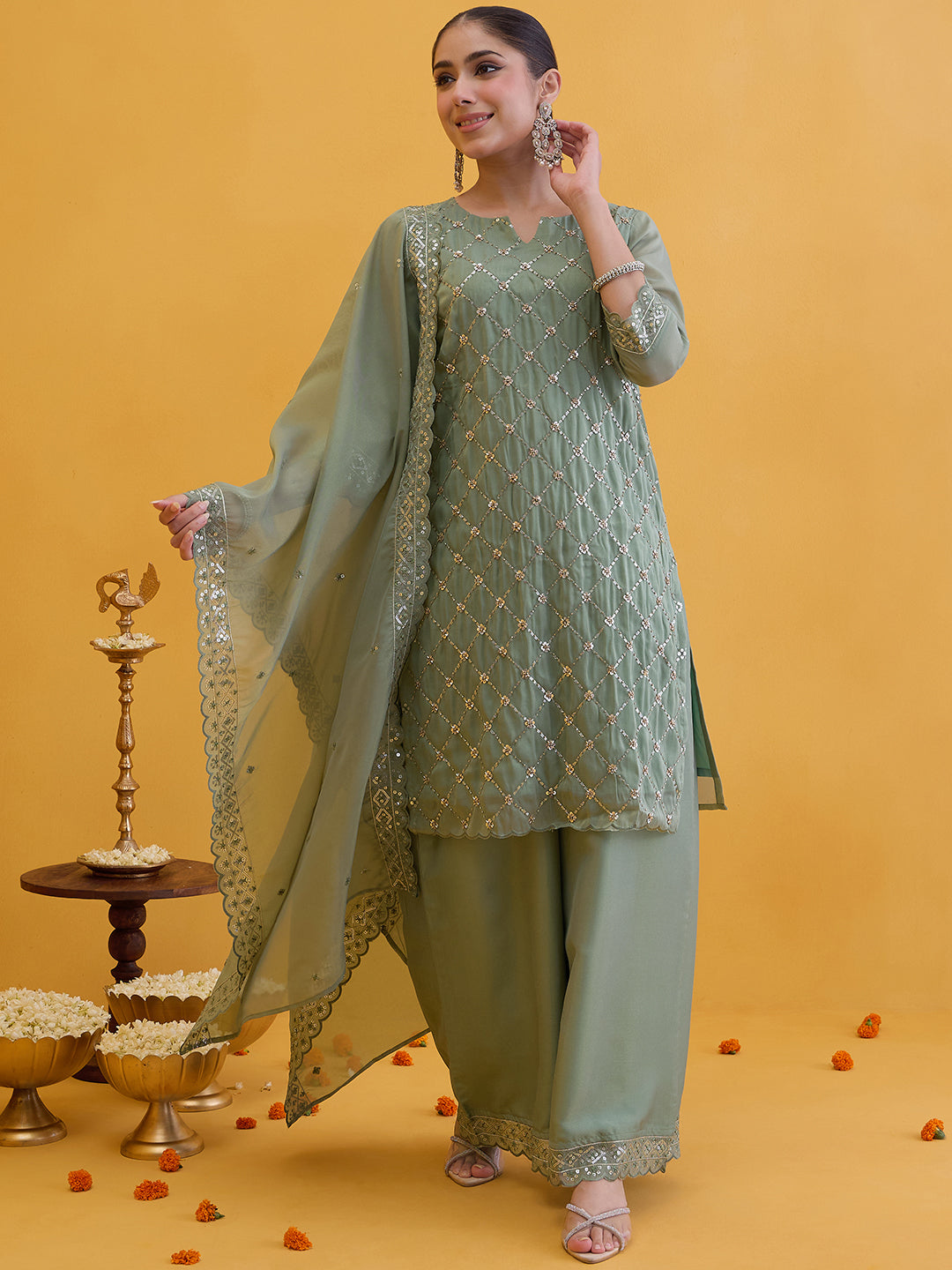 Janasya Women's Sage Green Silk Blend Floral Embroidered Straight Kurta with Palazzo and Dupatta Set