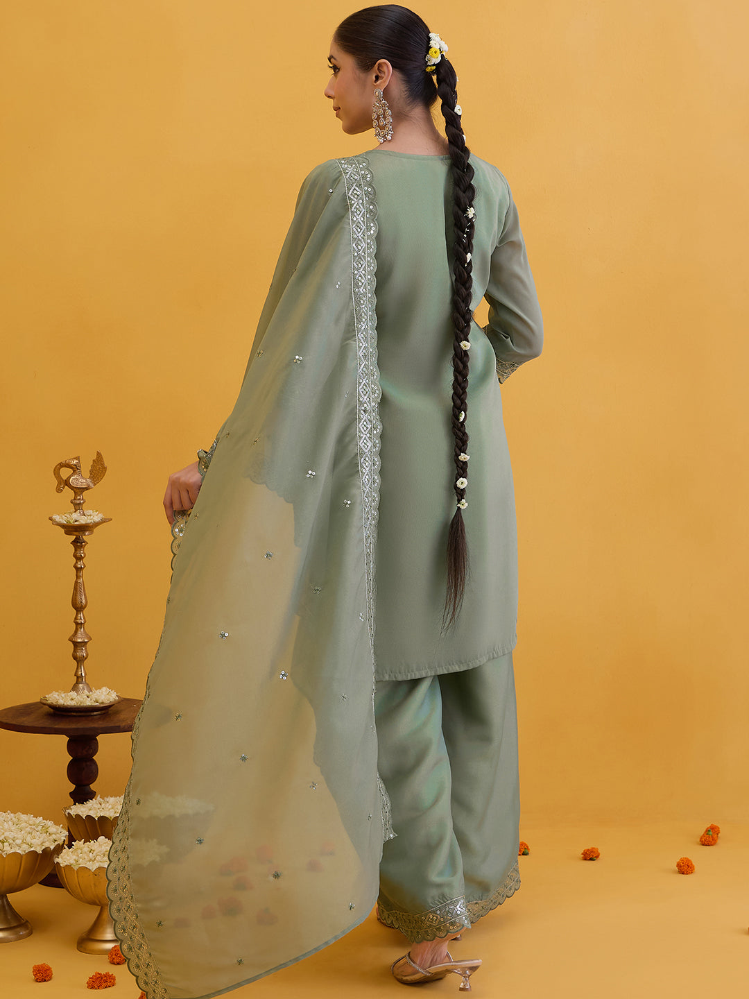 Janasya Women's Sage Green Silk Blend Floral Embroidered Straight Kurta with Palazzo and Dupatta Set