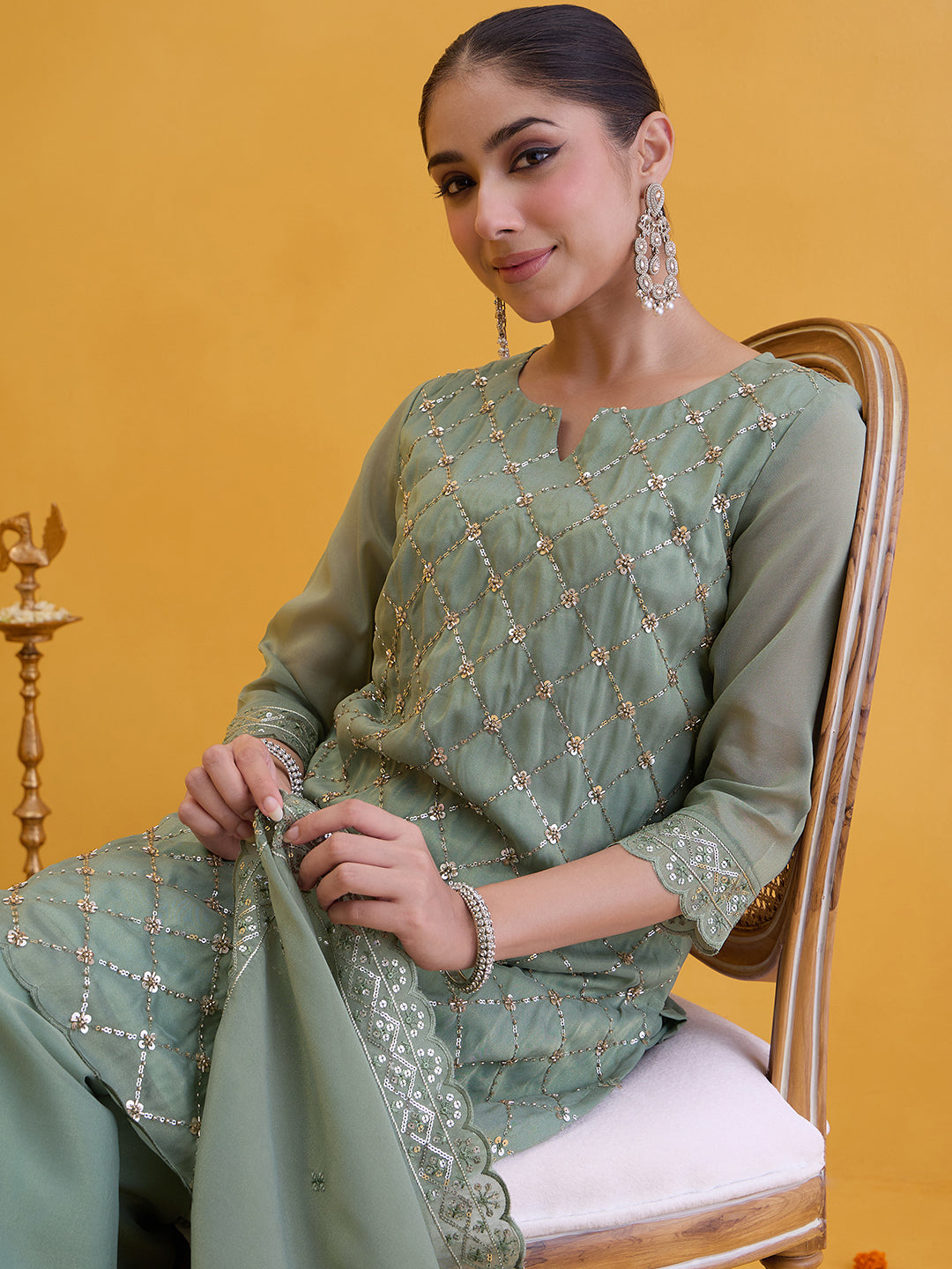 Janasya Women's Sage Green Silk Blend Floral Embroidered Straight Kurta with Palazzo and Dupatta Set