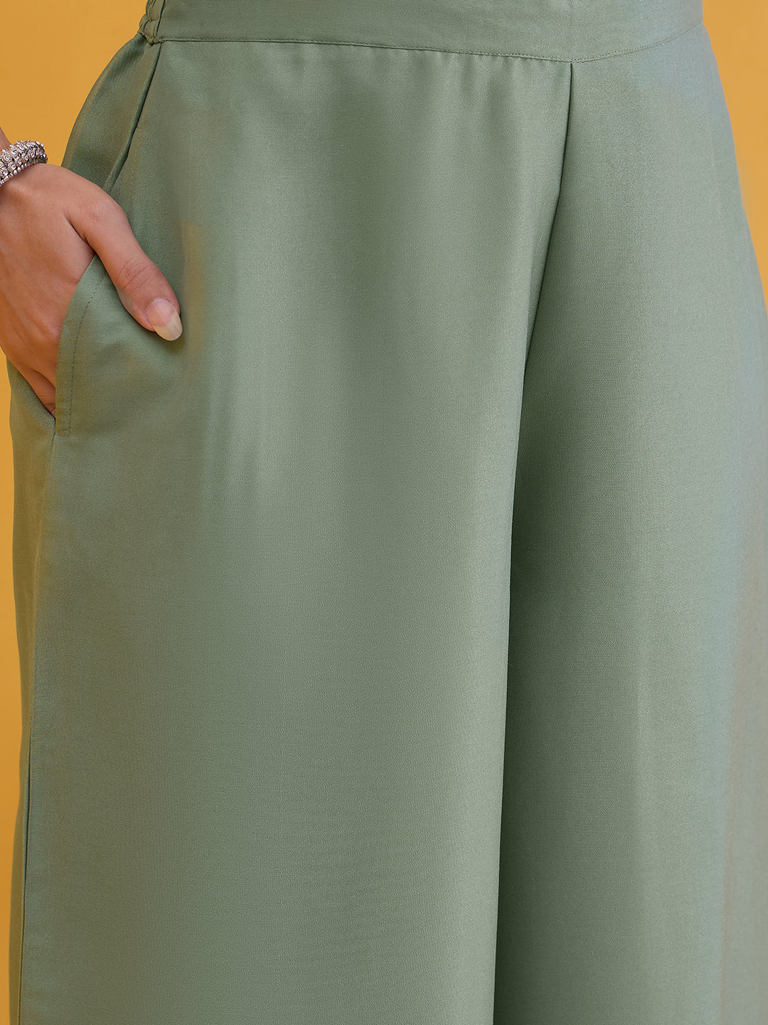 Janasya Women's Sage Green Silk Blend Floral Embroidered Straight Kurta with Palazzo and Dupatta Set
