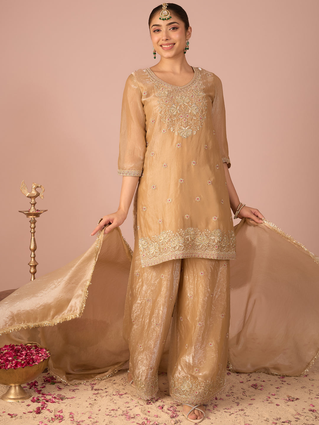 Janasya Women's Beige Silk Blend Floral Zari Embroidered Straight Kurta with Palazzo and Dupatta Set