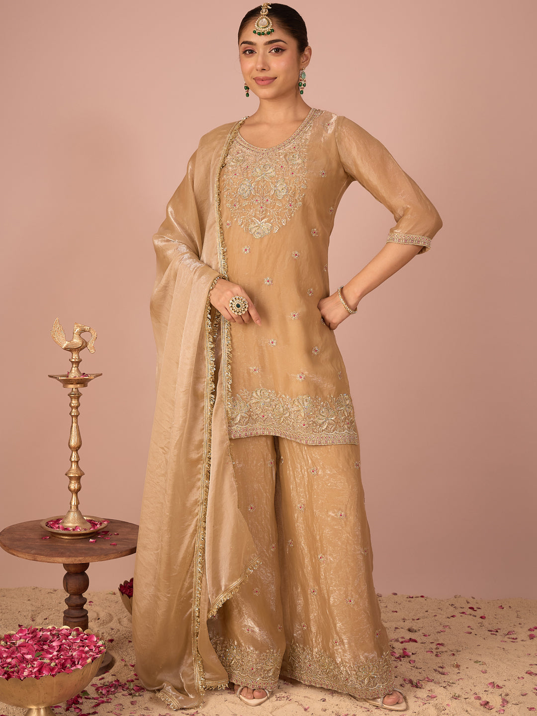 Janasya Women's Beige Silk Blend Floral Zari Embroidered Straight Kurta with Palazzo and Dupatta Set