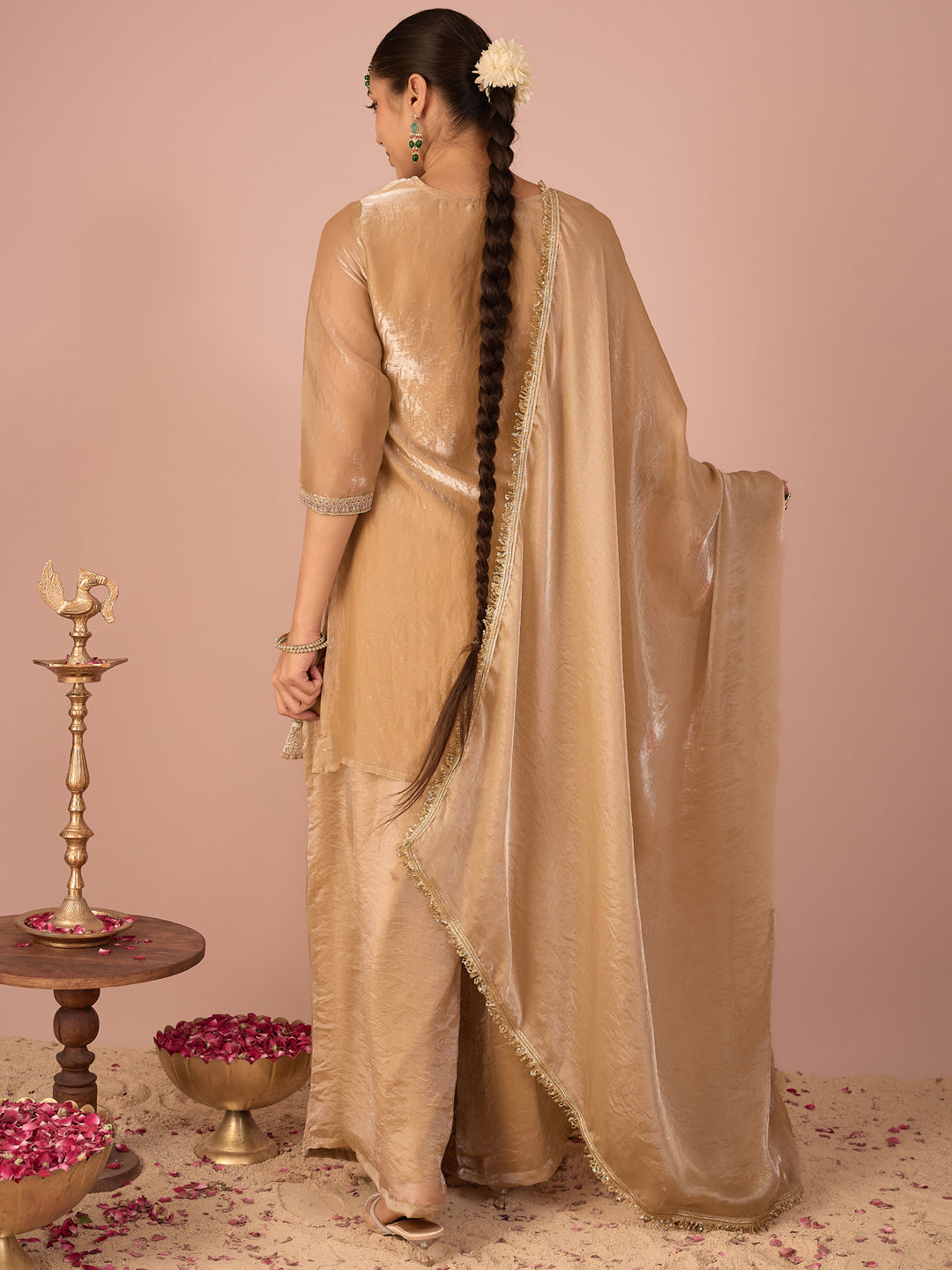 Janasya Women's Beige Silk Blend Floral Zari Embroidered Straight Kurta with Palazzo and Dupatta Set