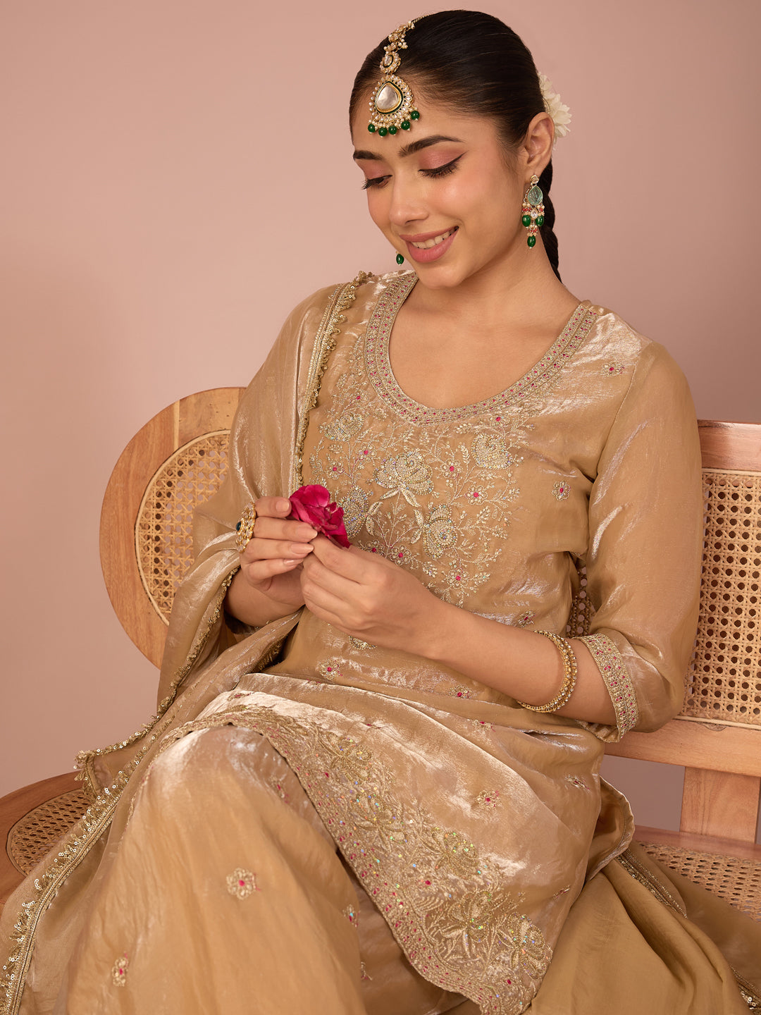 Janasya Women's Beige Silk Blend Floral Zari Embroidered Straight Kurta with Palazzo and Dupatta Set