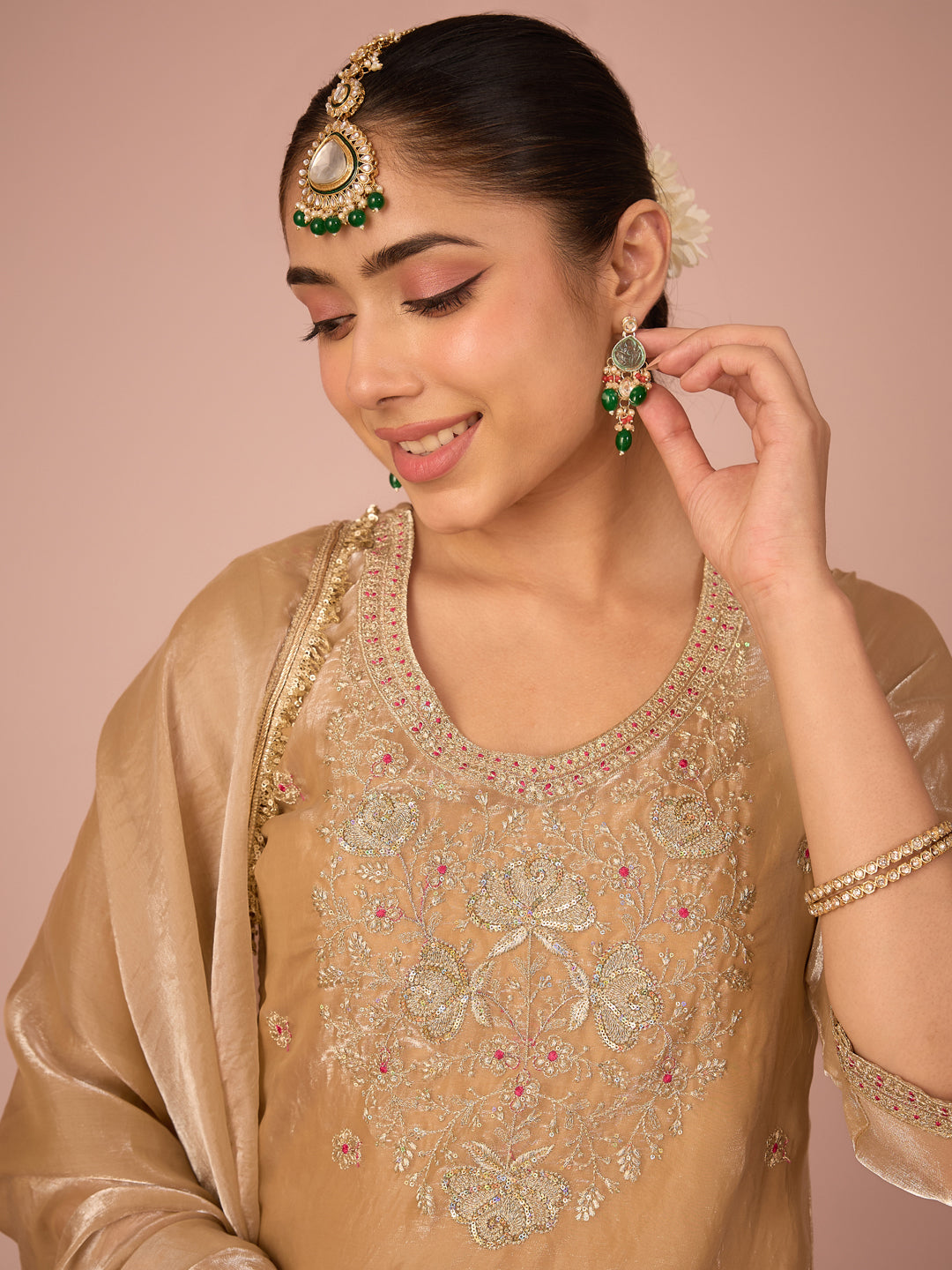 Janasya Women's Beige Silk Blend Floral Zari Embroidered Straight Kurta with Palazzo and Dupatta Set