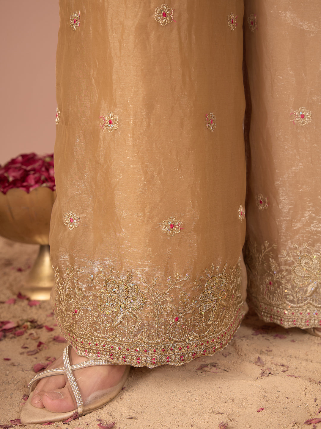 Janasya Women's Beige Silk Blend Floral Zari Embroidered Straight Kurta with Palazzo and Dupatta Set