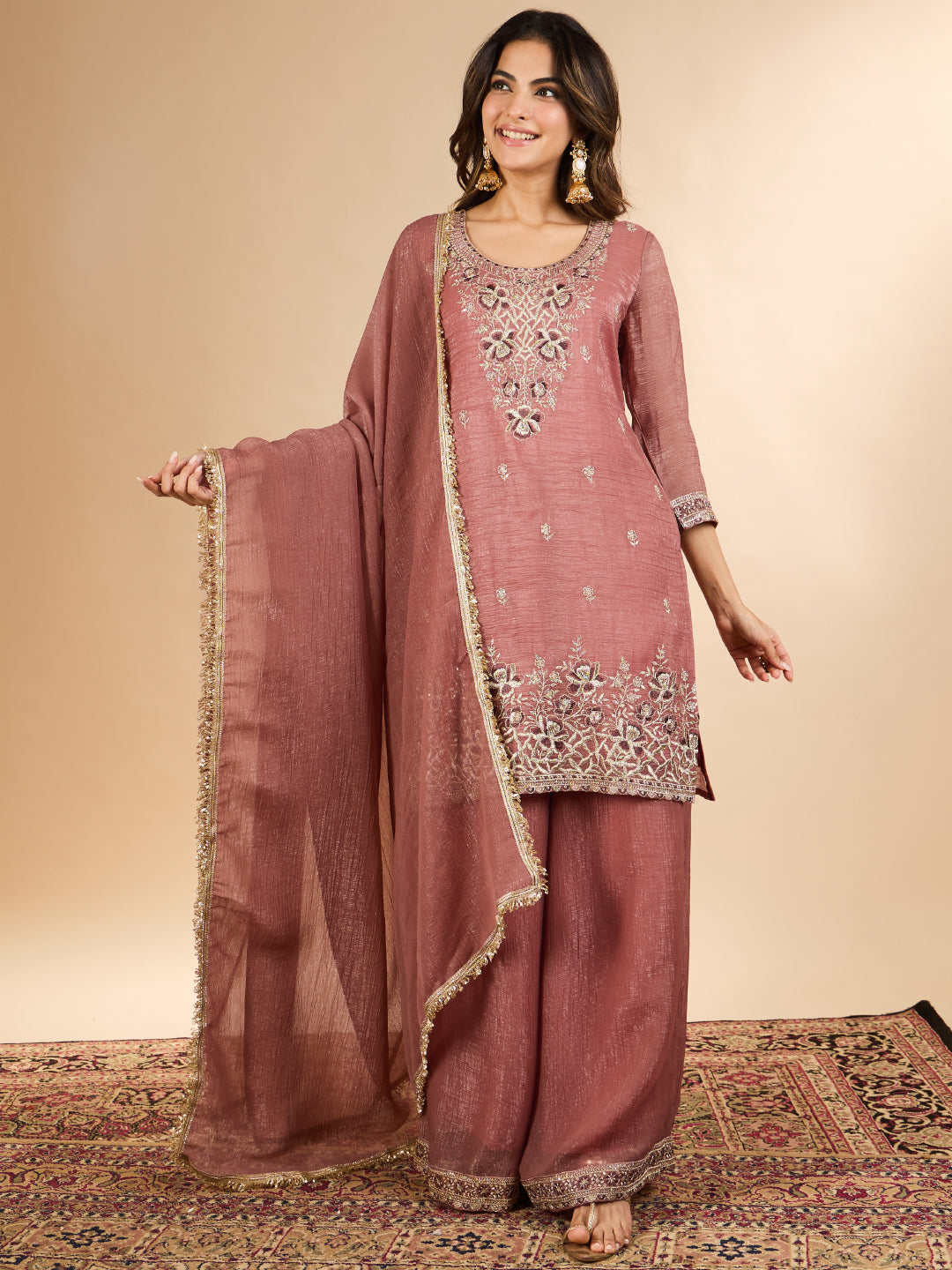 Janasya Women's Dusky Pink Tissue Silk Floral Zari Embroidered Straight Kurta with Palazzo And Dupatta Set