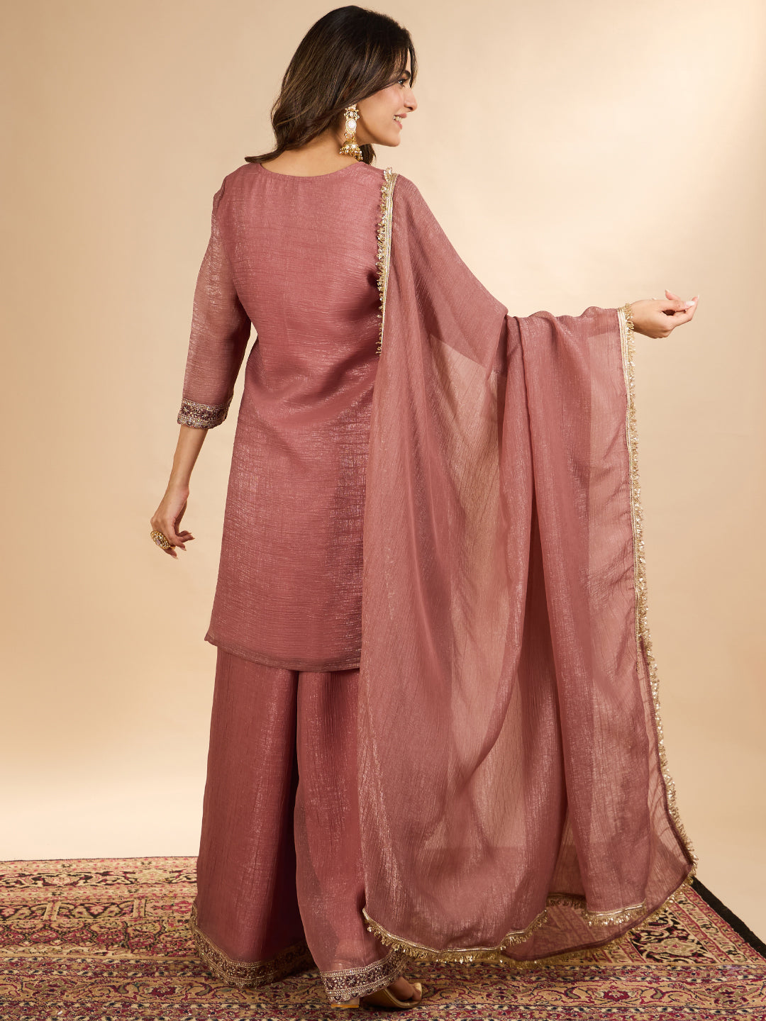 Janasya Women's Dusky Pink Tissue Silk Floral Zari Embroidered Straight Kurta with Palazzo And Dupatta Set