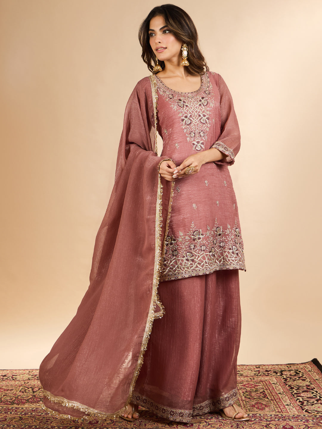 Janasya Women's Dusky Pink Tissue Silk Floral Zari Embroidered Straight Kurta with Palazzo And Dupatta Set