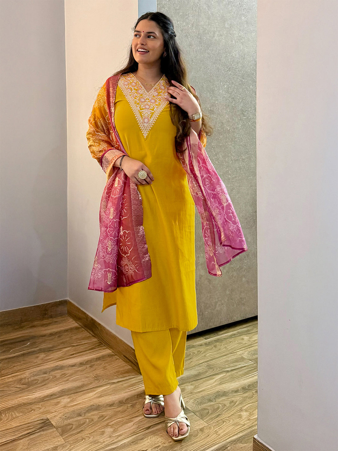 Janasya Women's Mustard Chanderi Silk Floral Embroidered Straight Kurta Set with Bandhani Printed Dupatta