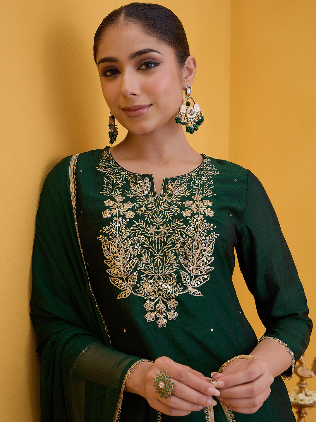 Janasya Women's Dark Green Silk Blend Floral Zari Embroidered Straight Kurta Set