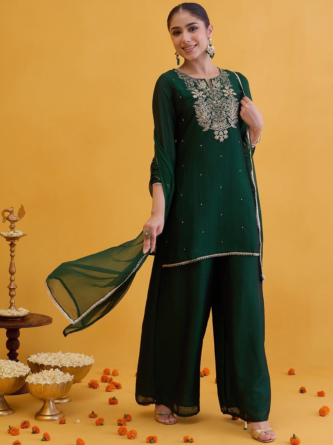 Janasya Women's Dark Green Silk Blend Floral Zari Embroidered Straight Kurta Set