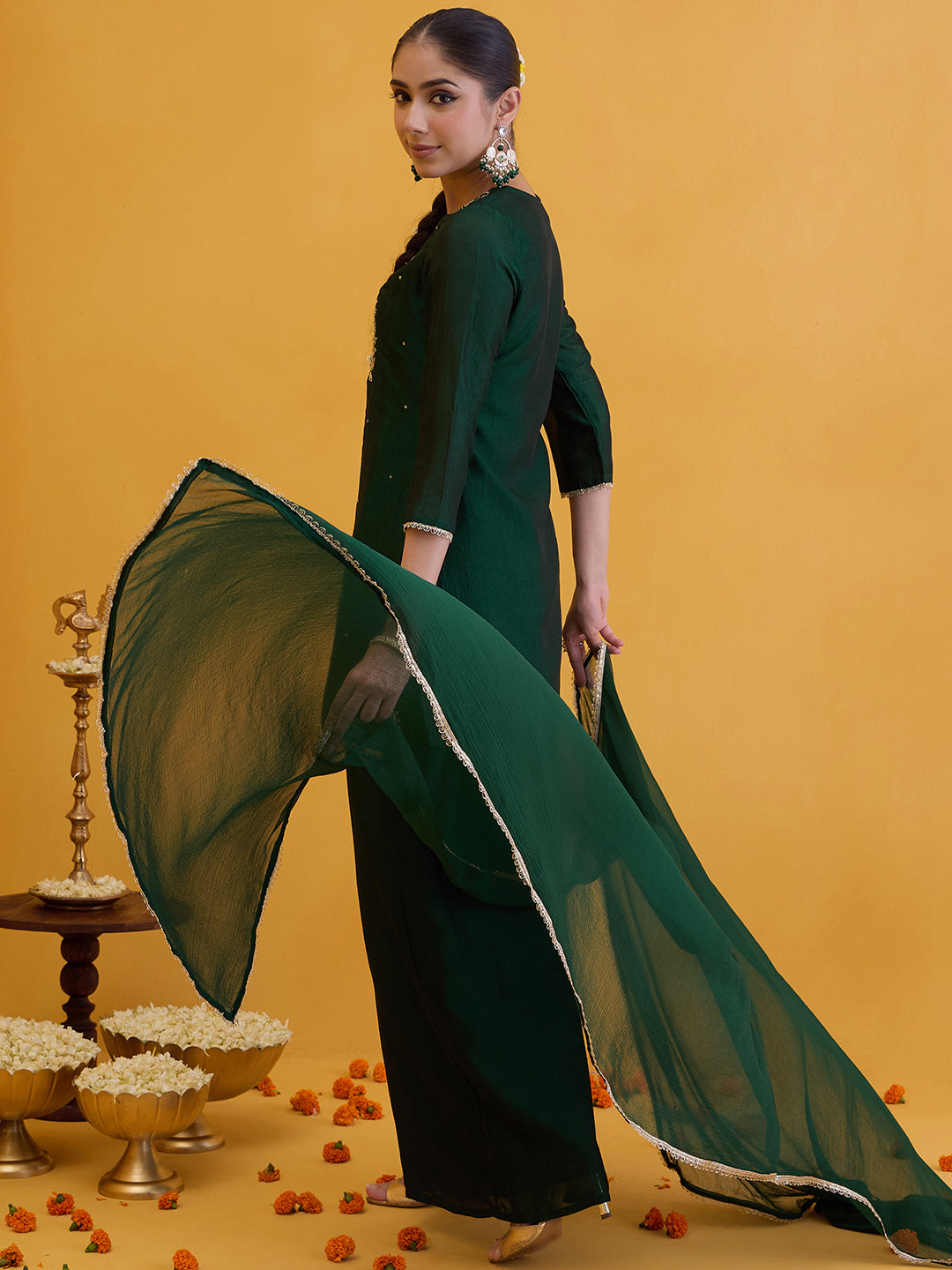 Janasya Women's Dark Green Silk Blend Floral Zari Embroidered Straight Kurta Set