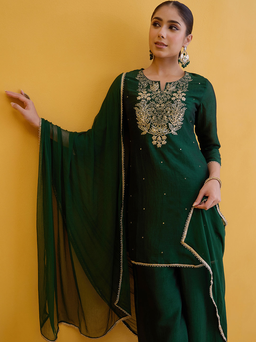 Janasya Women's Dark Green Silk Blend Floral Zari Embroidered Straight Kurta Set