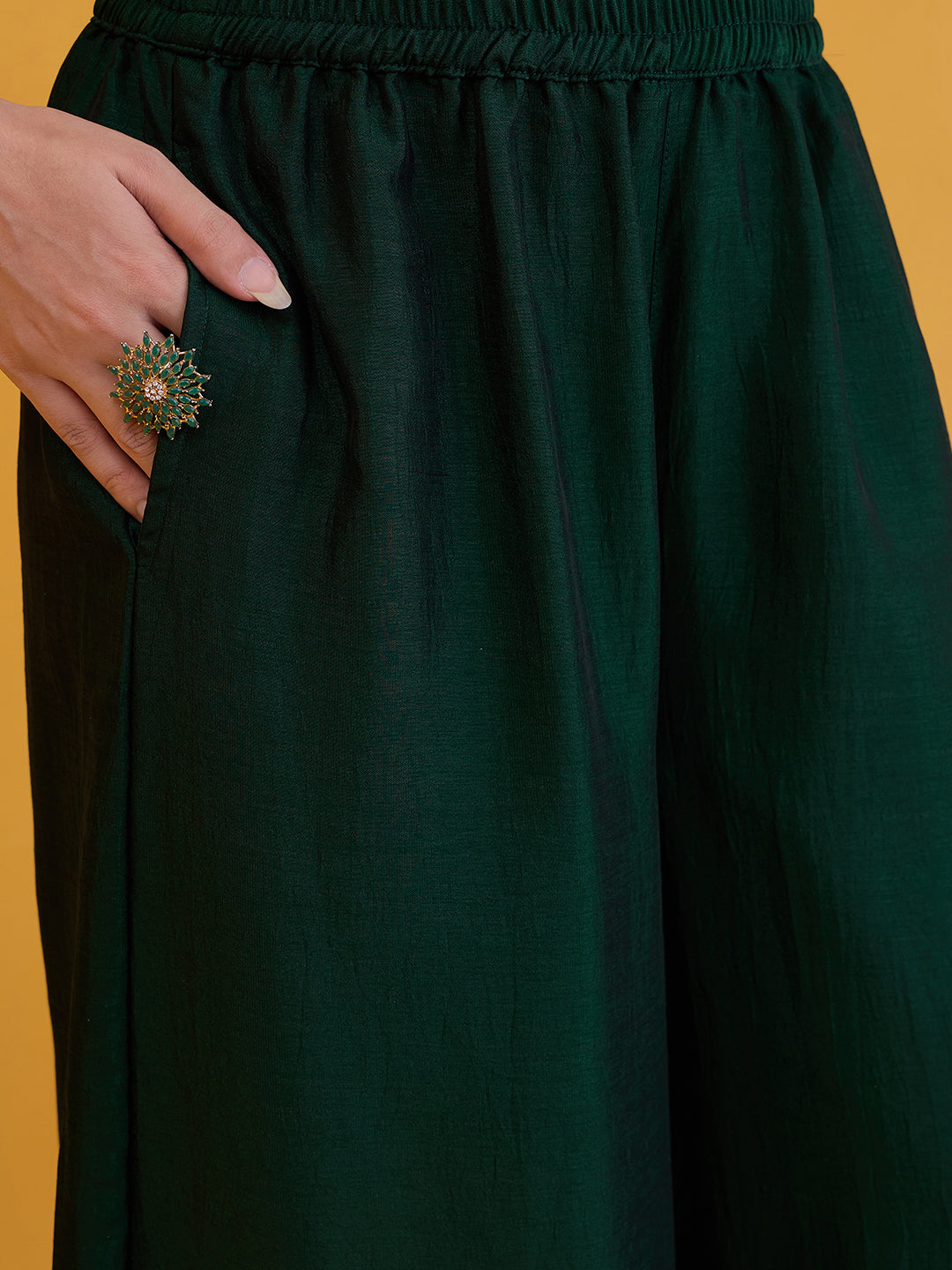 Janasya Women's Dark Green Silk Blend Floral Zari Embroidered Straight Kurta Set