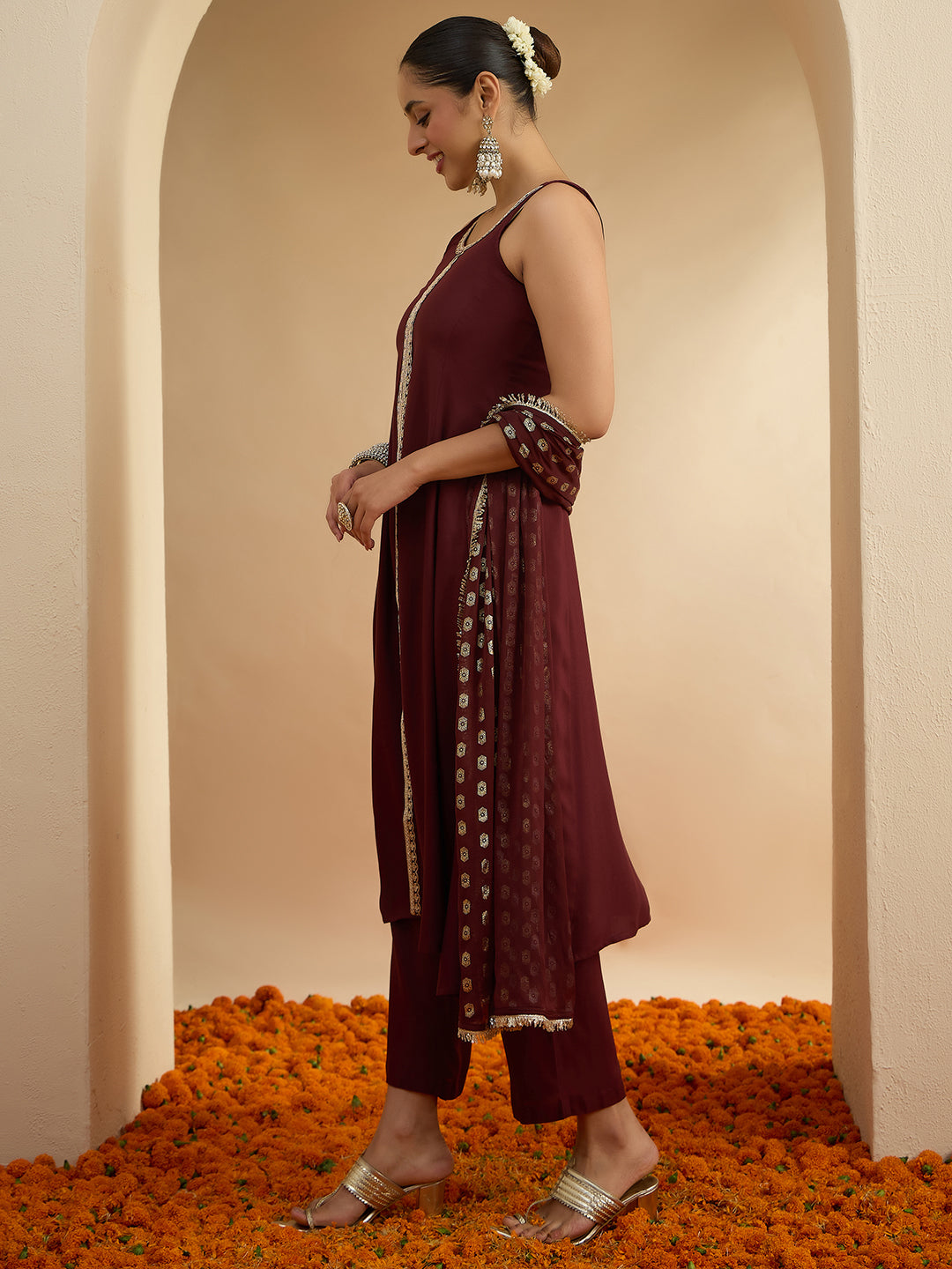 Janasya Women's Brown Rayon Embellished A-Line Kurta Set