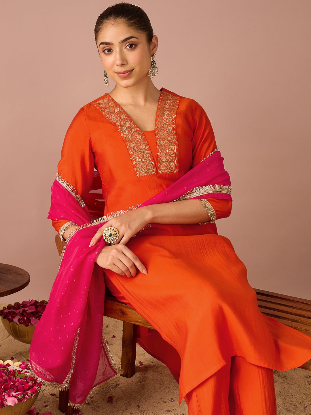 Janasya Women's Orange Chanderi Silk Sequins And Zari Yoke Embroidered Straight Kurta Set with Foil Printed Dupatta