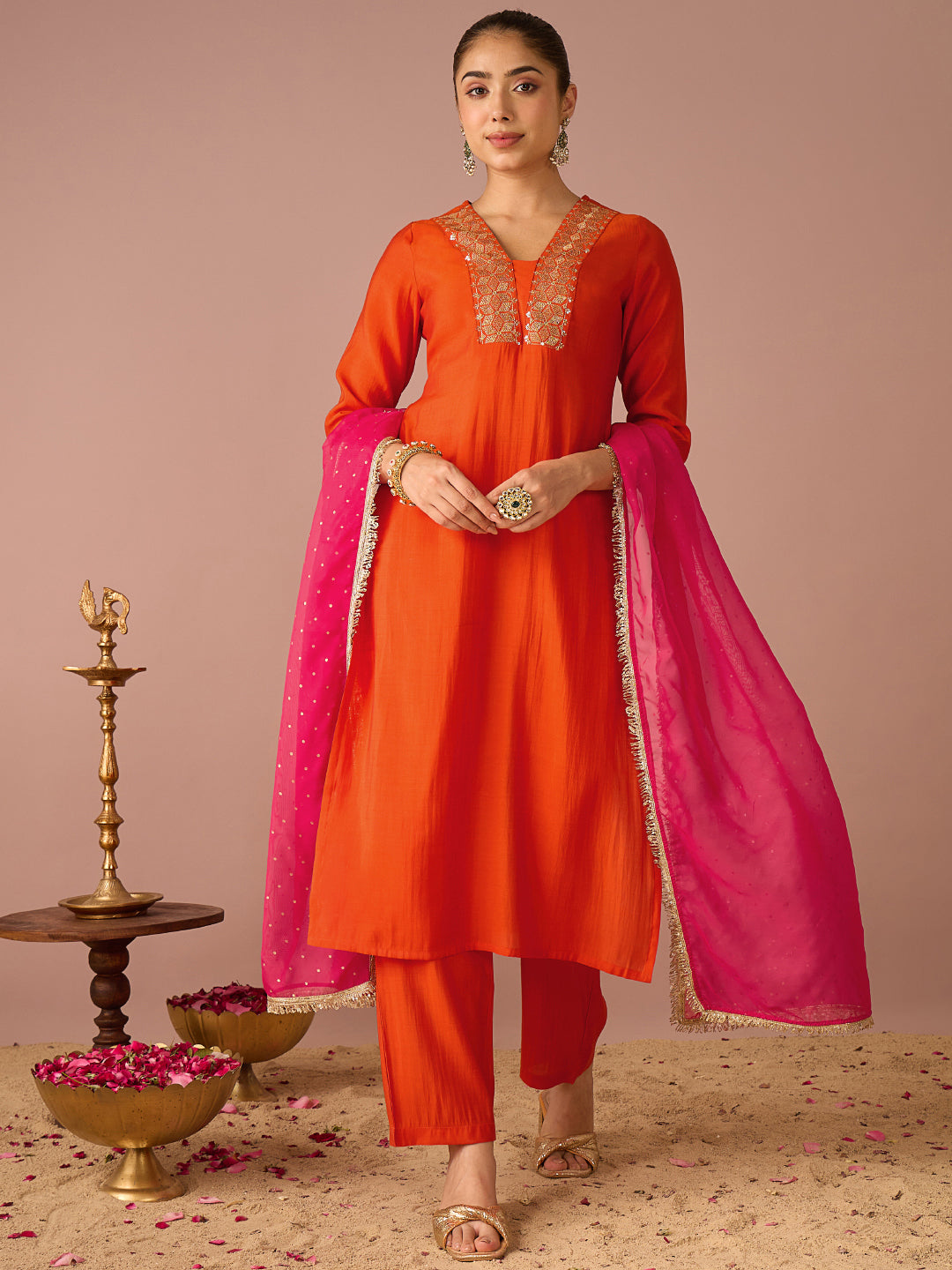 Janasya Women's Orange Chanderi Silk Sequins And Zari Yoke Embroidered Straight Kurta Set with Foil Printed Dupatta